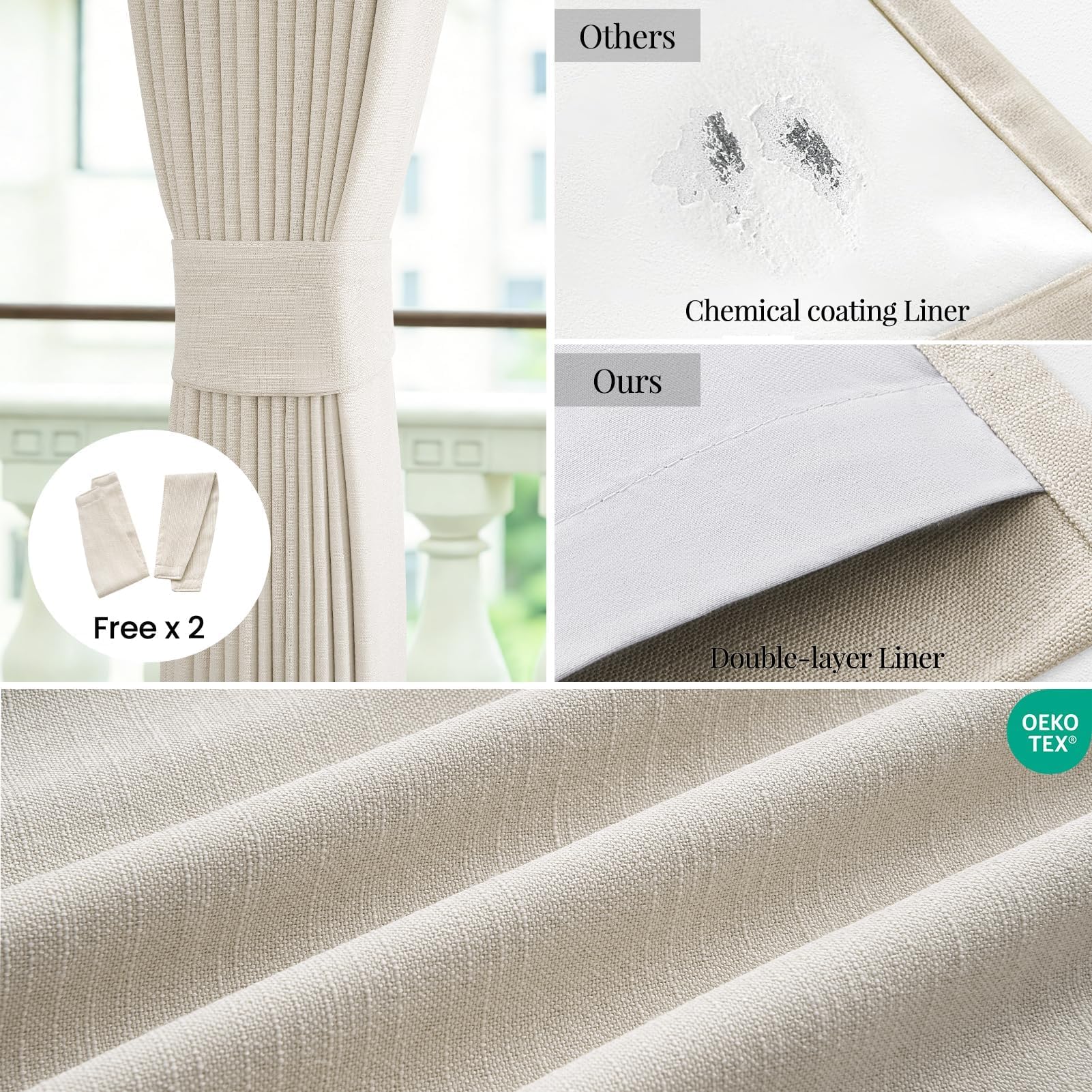 Topfinel 84 Inch Long Natural Blackout Curtains for Bedroom Livingroom, Farmhouse Back Tab Pinch Pleated Drapes for Track System,Neutral Linen Ambiance & Privacy Drapes Natural 52" W*84" L