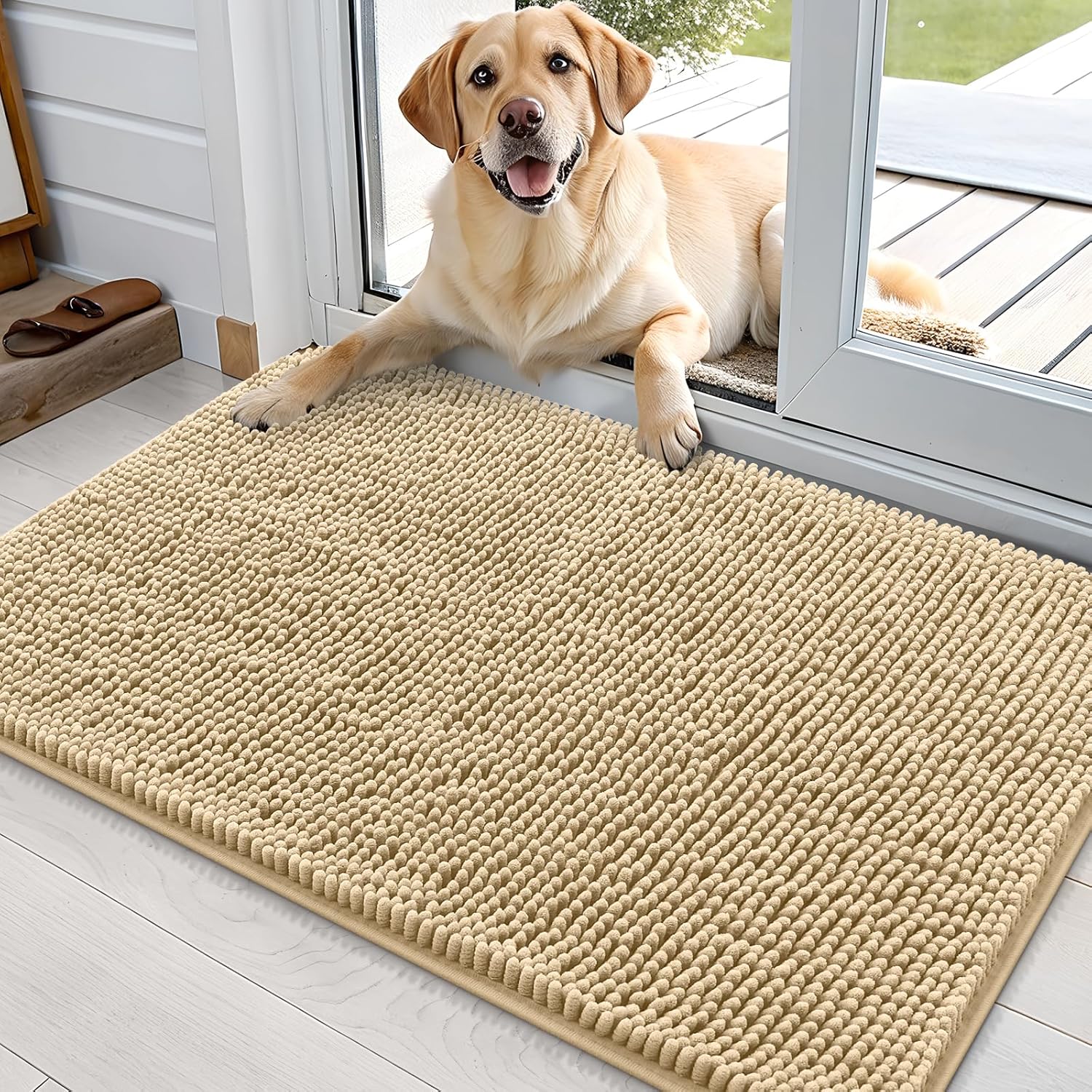 OLANLY Dog Door Mat for Muddy Paws 70x24, Absorbs Moisture and Dirt, Absorbent Non-Slip Washable Doormat, Quick Dry Chenille Mud Mat for Dogs, Entry Indoor Entryway Carpet for Inside Floor, Beige