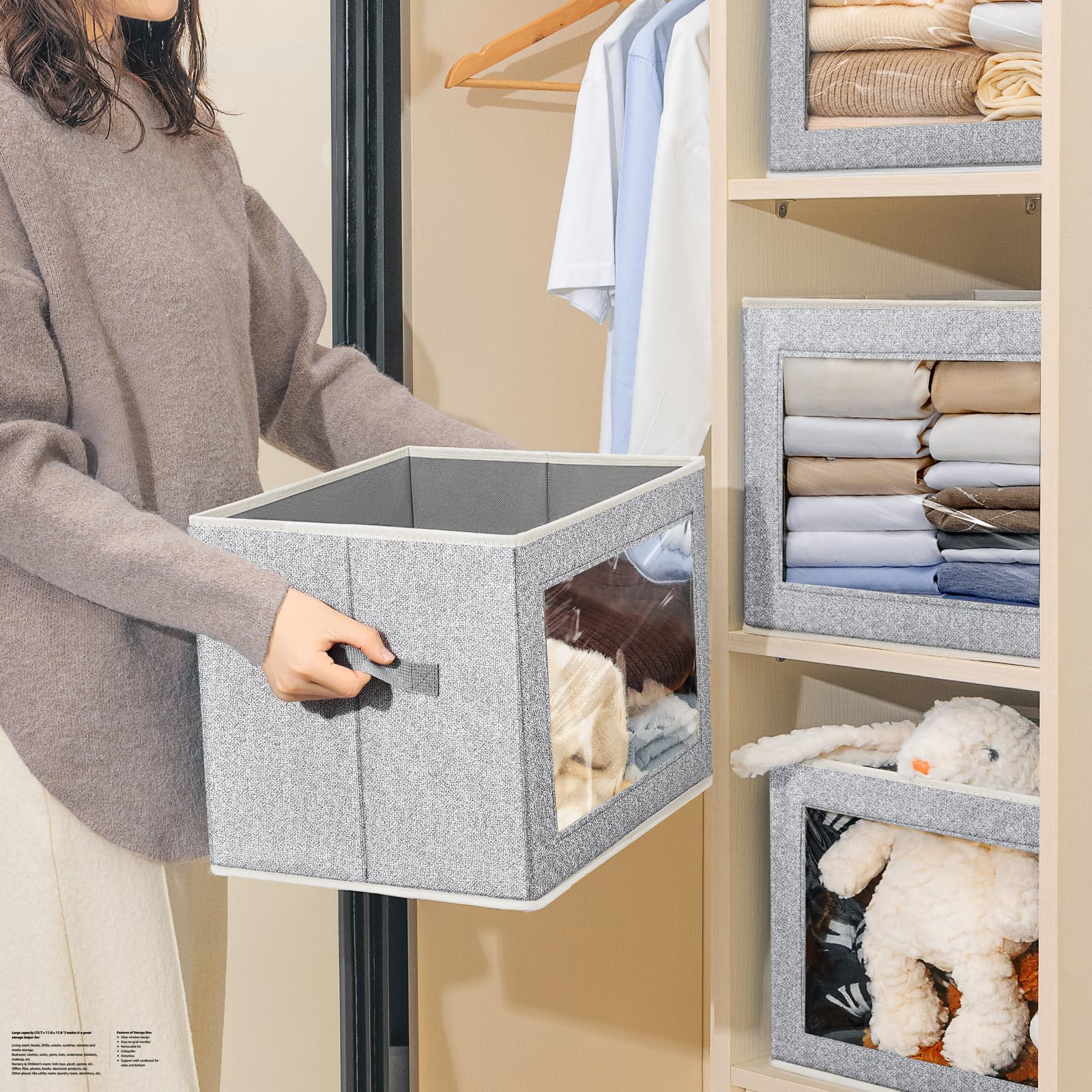 Homsorout Storage Bins with Lids - Fabric Storage Boxe with Window, Collapsible Closet Organizers with Handles, 3 Pack Decorative Bin, Home Cubes Baskets for Clothes, Hat, Books, Dark Grey