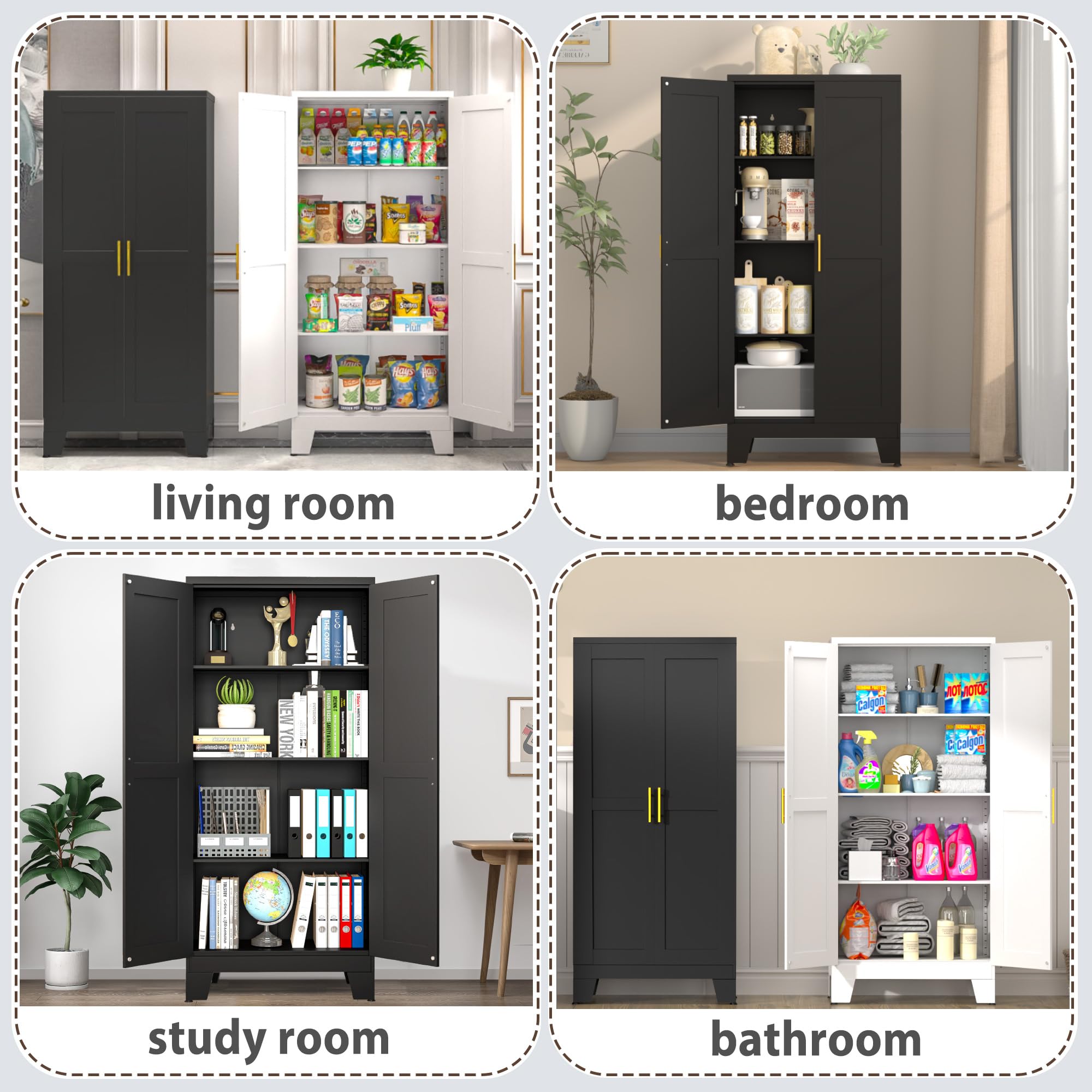 GAIOUS Metal Pantry Cabinet, Kitchen Pantry Storage Cabinets with 2 Door and 3 Adjustable Shelves, White Kitchen Pantry Cabinet, Freestanding Cupboard for Dining Room Living Room Bathroom