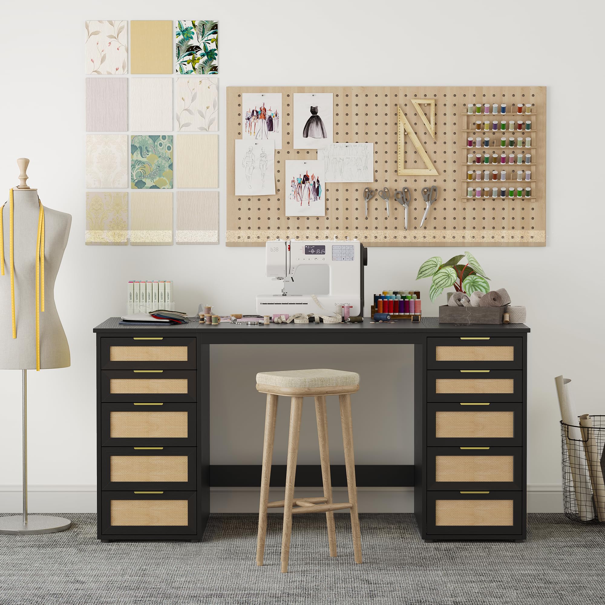 WOPITUES 60" Boho Home Office Desk with 10 Wooden Drawers, Rattan Computer Writing Desk with Power Outlets, Large Executive Desk with Storage Cabinet for Work Study Writing Craft, Black & Brown
