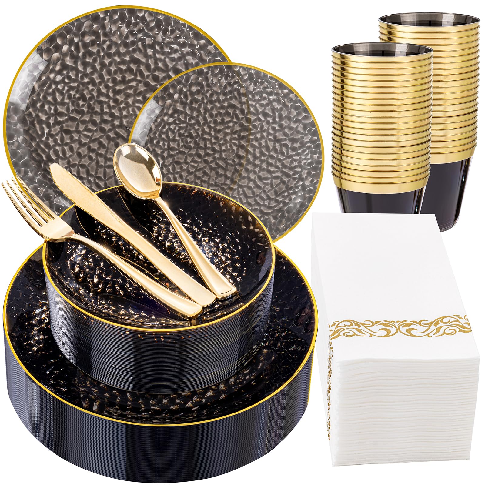 DaYammi 350PCS Clear Gold Plastic Dinnerware Set for 50 Guests, Hammered Disposable Plates for Party, Include: 50 Dinner Plates, 50 Dessert Plates, 150 Gold Silverware, 50 Napkins, 50 Cups