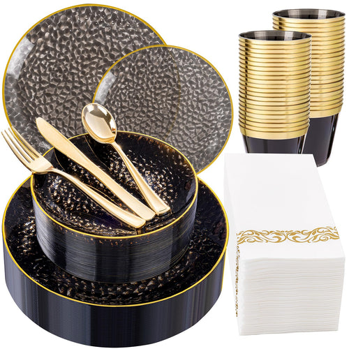DaYammi 350PCS Clear Gold Plastic Dinnerware Set for 50 Guests, Hammered Disposable Plates for Party, Include: 50 Dinner Plates, 50 Dessert Plates, 150 Gold Silverware, 50 Napkins, 50 Cups