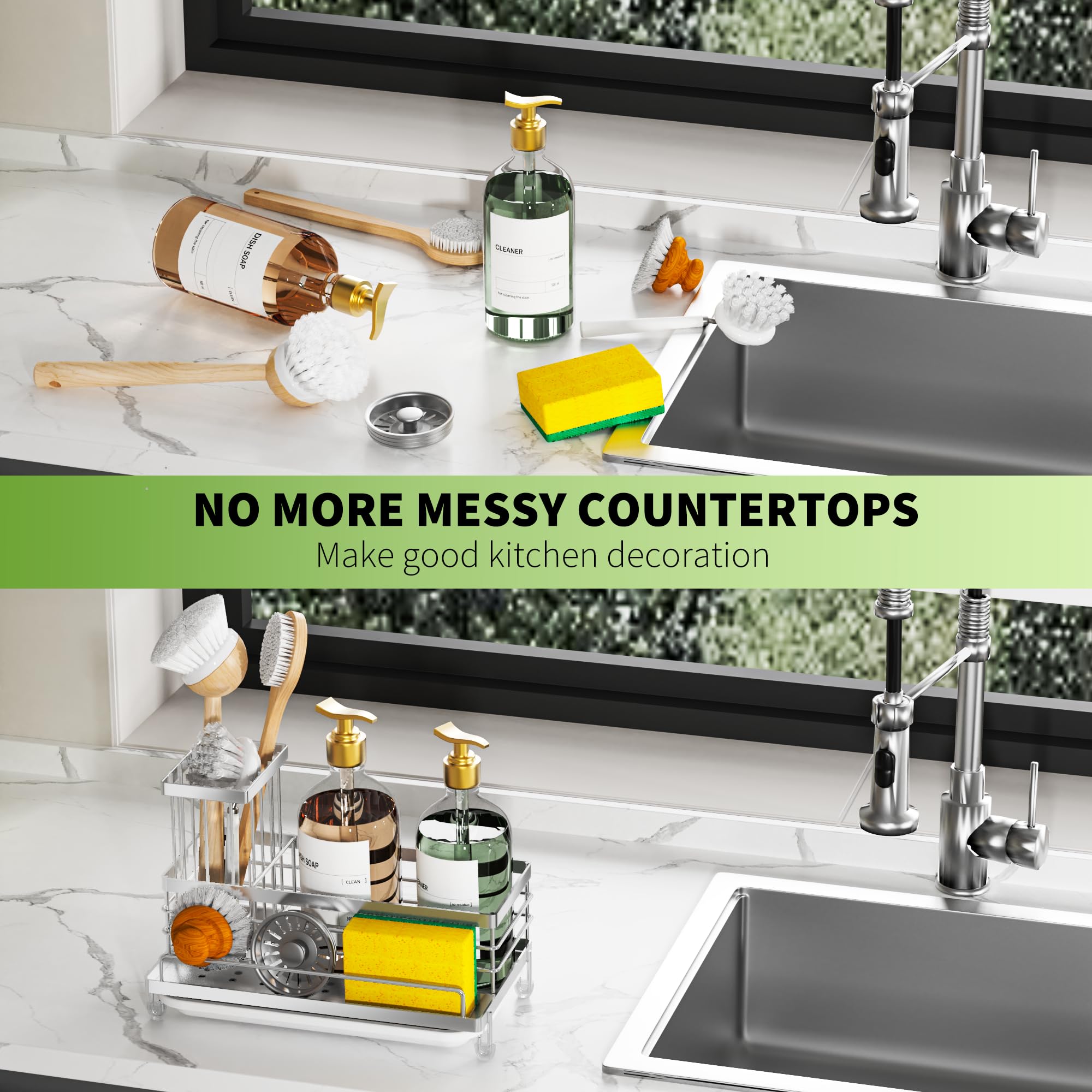 Cisily Large Capacity Kitchen Sink Caddy Organizer, Rustproof Non-Slip Sponge Holder With Dish Brush Holder Organizer, Kitchen Organization and Storage, Essentials Accessories for Countertop