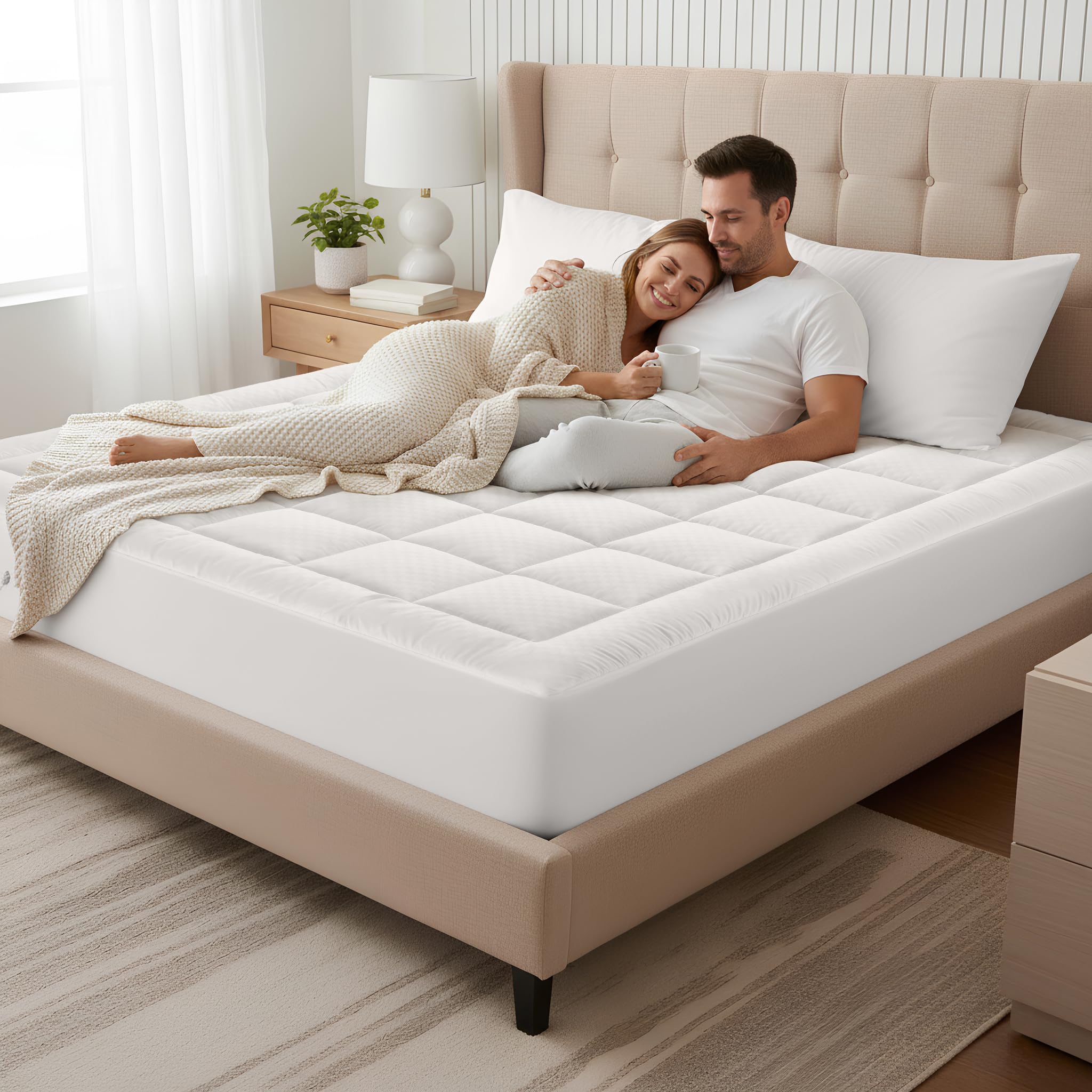 OLANLY Queen Quilted Fitted Mattress Pad – Soft Pillow Top Mattress Topper, Down Alternative Fill, Cooling Comfort Breathable Mattress Cover, Machine Washable Deep Pocket Mattress Protector, White