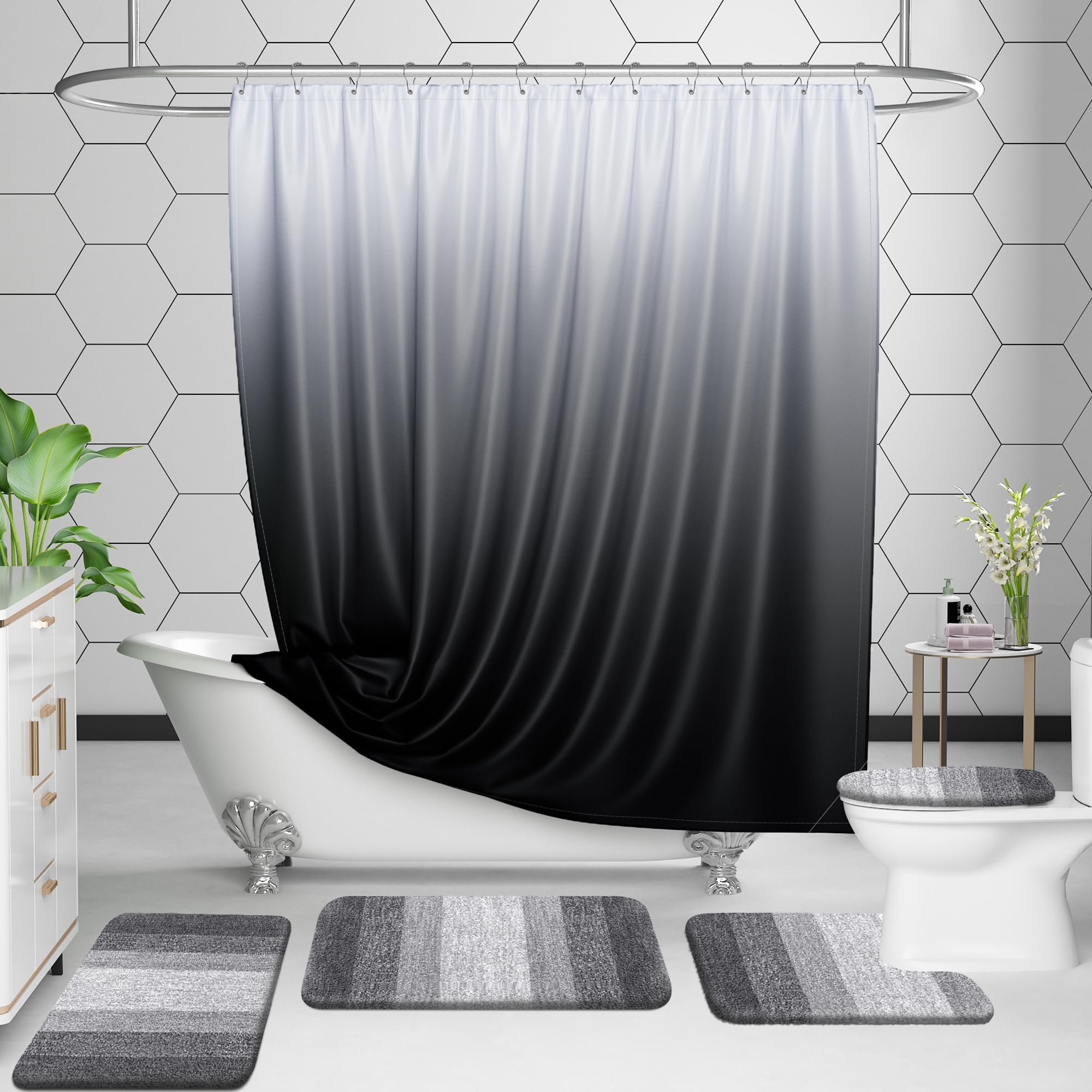 OLANLY Bathroom Rugs Sets 4 piece, Soft Microfiber Absorbent Bath Mat, U-Shaped Contour Toilet Mat and Toilet Lid Cover, Quick Dry, Machine Washable, Toilet Cover and Rug Set for Bathroom, Grey