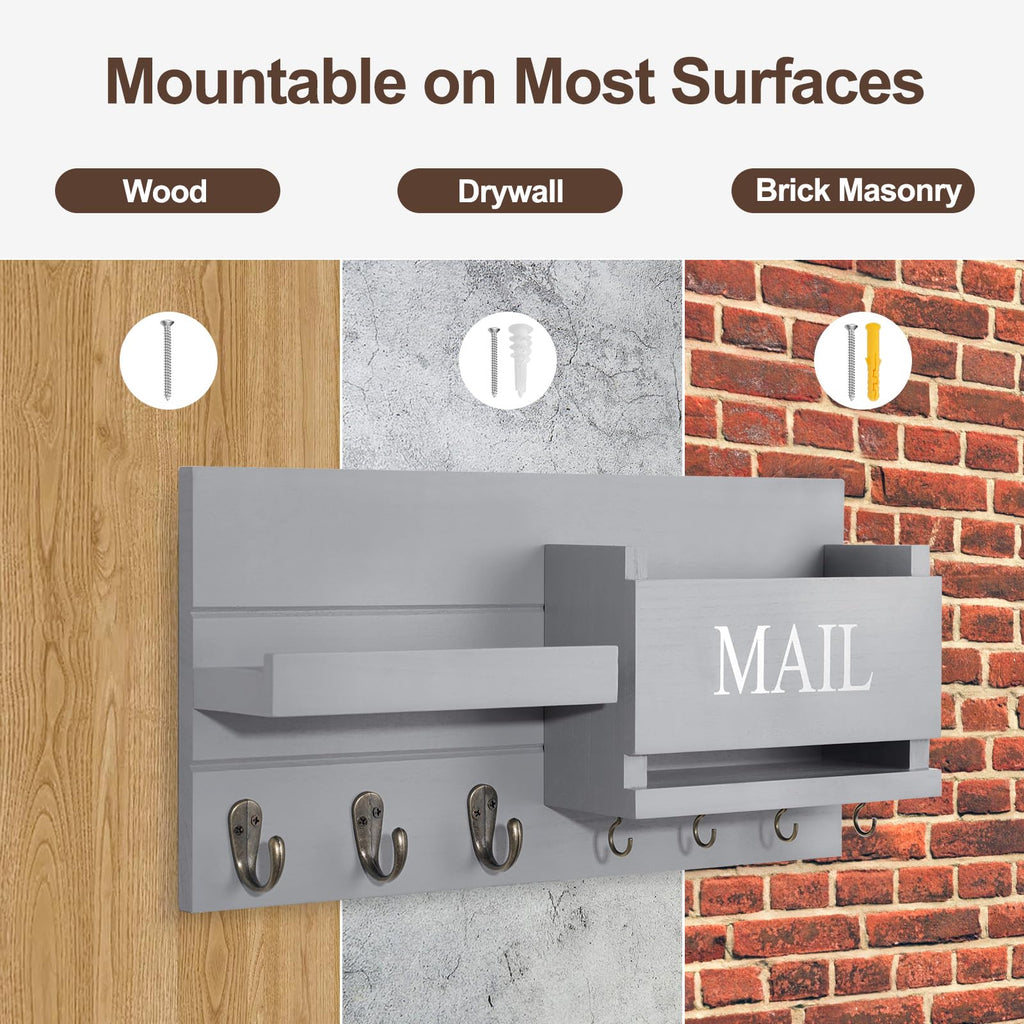 Mail Organizer for Wall Mount – Key Holder with Shelf Includes Letter Holder and Hooks for Hallway Farmhouse Decor – Rustic Wood with Flush Mounting Hardware (16.5” x 9.1” x 3.4”) (White)