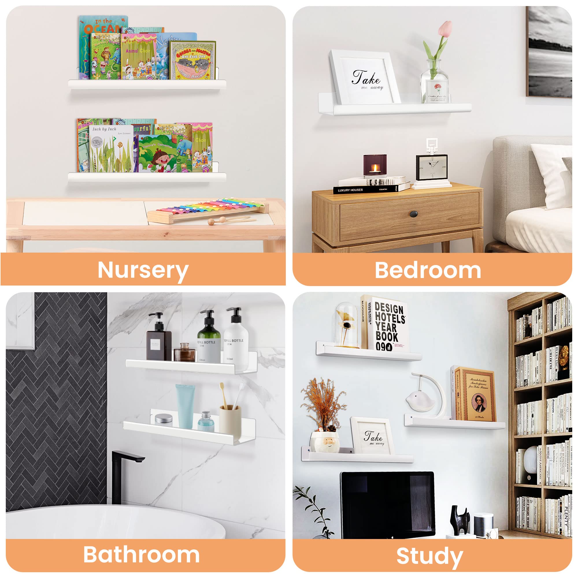 upsimples Acrylic Shelves for Bathroom Storage, 15" Floating Shelves Wall Organizer for Perfume, Make up, Skincare, Kids Bookshelf for Bedroom, Nursery, Living Room Decor, Clear, 4 Pack
