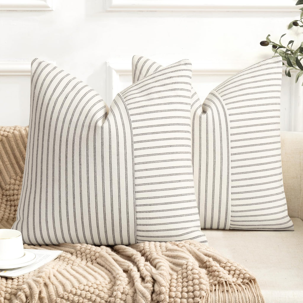 YCOLL Farmhouse Pillow Covers 18x18, Modern Accent Square Throw Pillow Covers Set of 2, Gray and Beige Striped Patchwork Linen Decorative Pillows Cushion Covers for Couch Chair Bedroom Home Decor