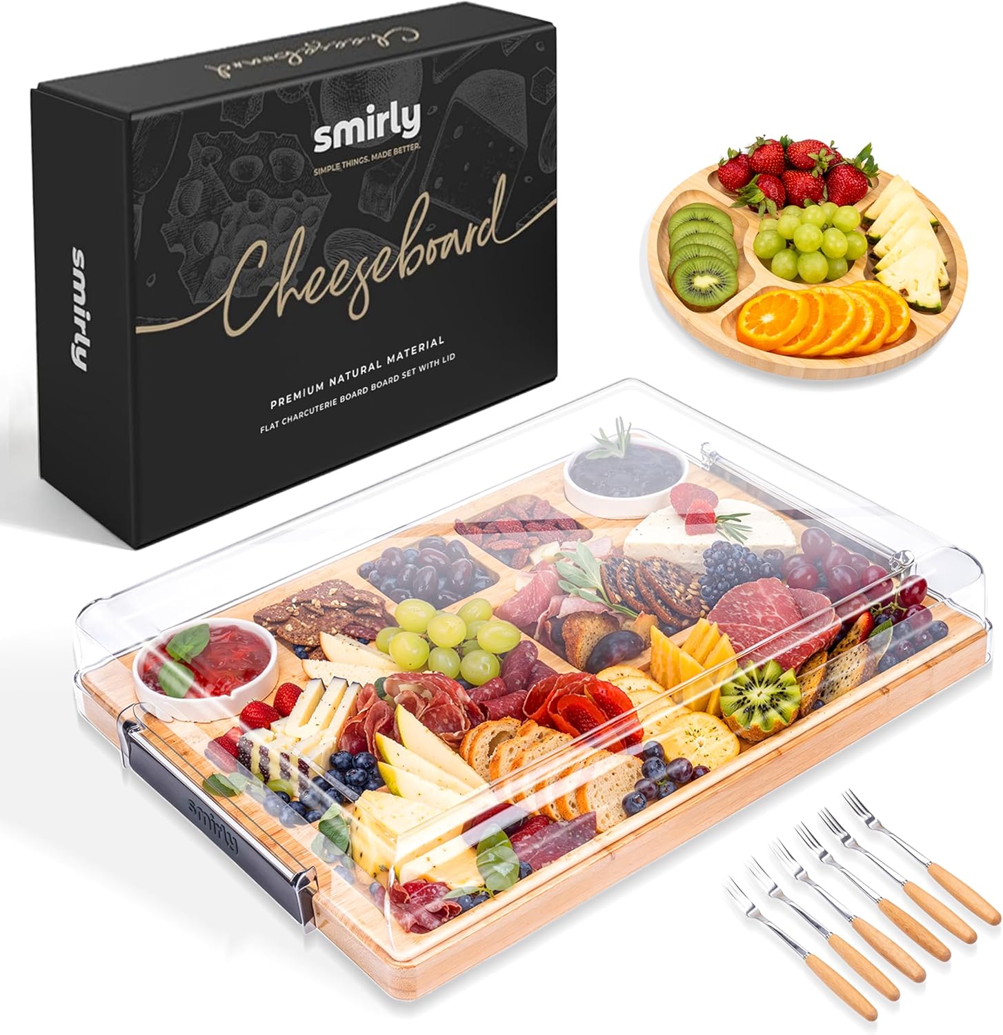 SMIRLY Charcuterie Boards with Lid Large Travel Cheese Charcuterie Boards with Lid, Portable Bamboo Cheese Platters Serving Tray for Home Kitchen Picnics, Housewarming Gifts Wedding Gifts for Couples