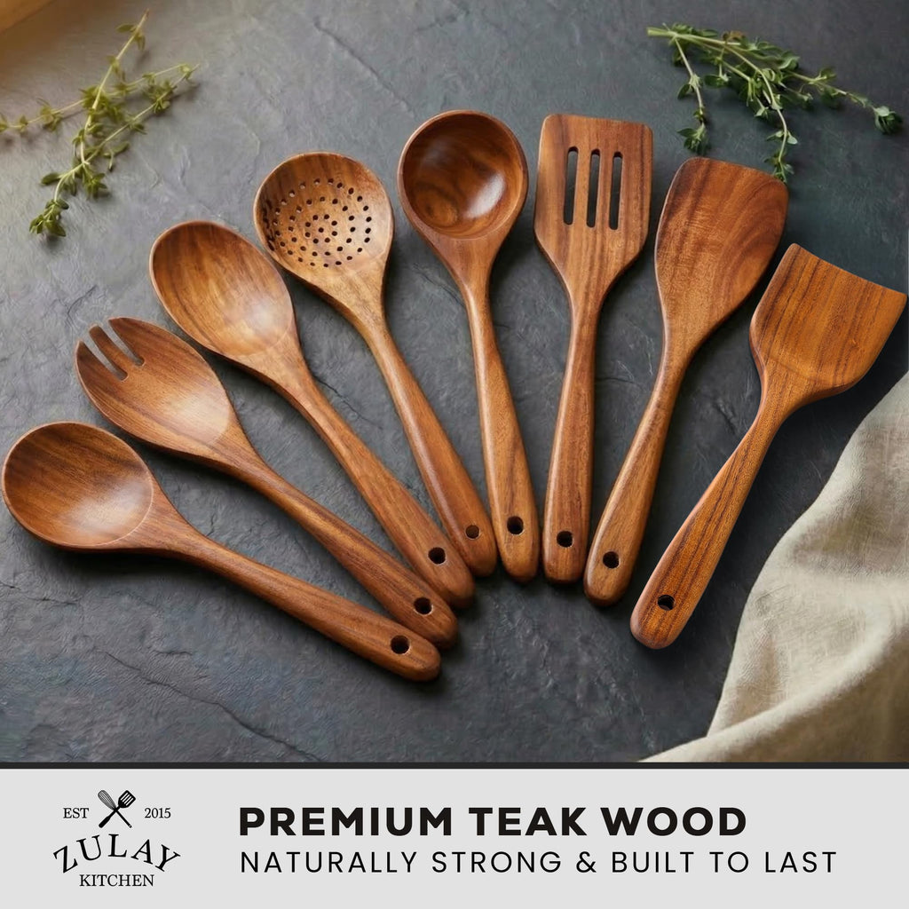 Zulay Kitchen 6 Piece Wooden Spoons for Cooking – Natural Teak Wooden Utensil Set, Easy to Clean, Durable, Smooth with Comfort Grip - Non Toxic Wooden Cooking Utensil Sets