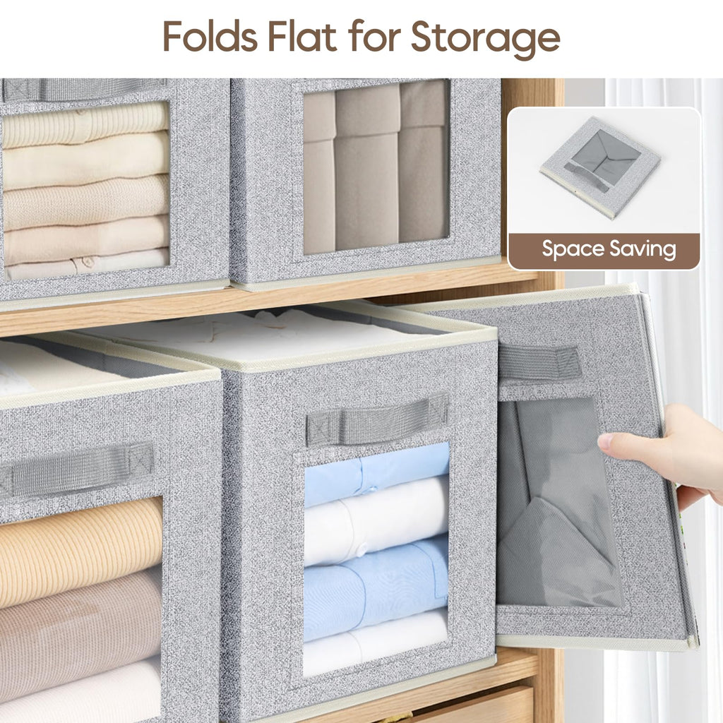 Homsorout Storage Cube 11 Inch - Cube Storage Bins with Window, Closet Storage Baskets with Handle, Fabric Bins for Closet, Shelves, Toys, Clothes, Set of 6, Grey