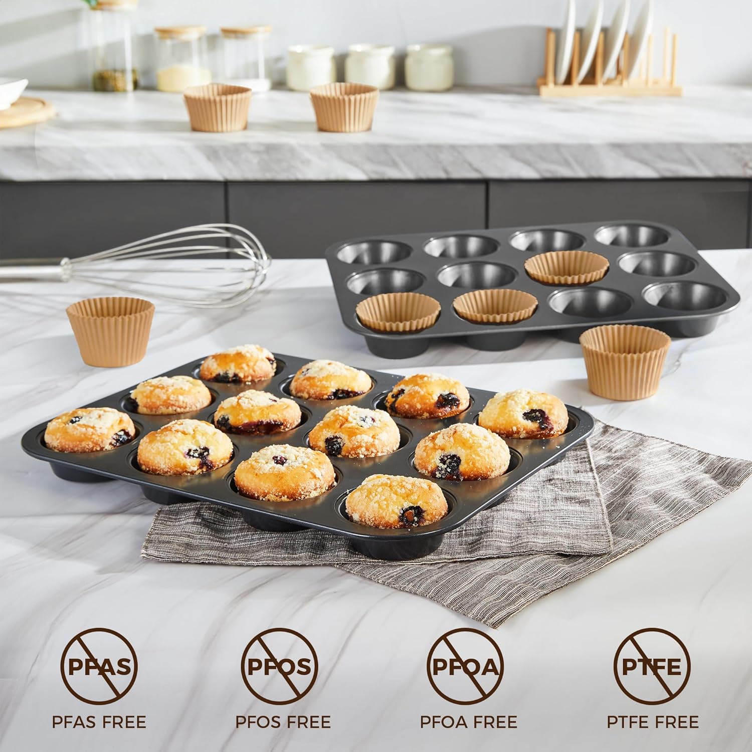 HONGBAKE Muffin Pans with 120 Liners, Cupcake Tins Nonstick 12, Premium Baking Tray, Standard Size, 2 Pack, Dark Grey
