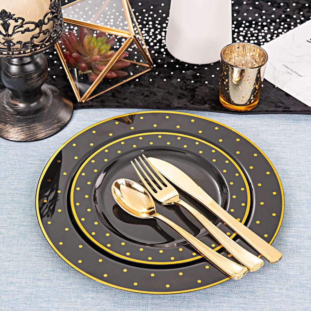 DaYammi 150Pcs Gold Plastic Plates with Disposable Silverware,White Gold Disposable Dinnerware Set - 30 Dinner Plate,30 Dessert Plate,90 Gold Cutlery with White Handles,Fancy Plates for Party Wedding