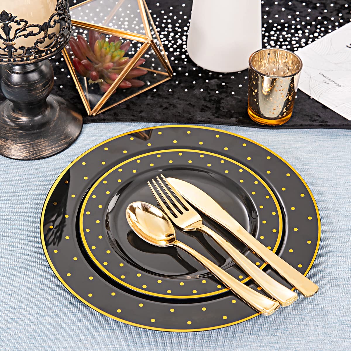DaYammi 150Pcs Gold Plastic Plates with Disposable Silverware,White Gold Disposable Dinnerware Set - 30 Dinner Plate,30 Dessert Plate,90 Gold Cutlery with White Handles,Fancy Plates for Party Wedding