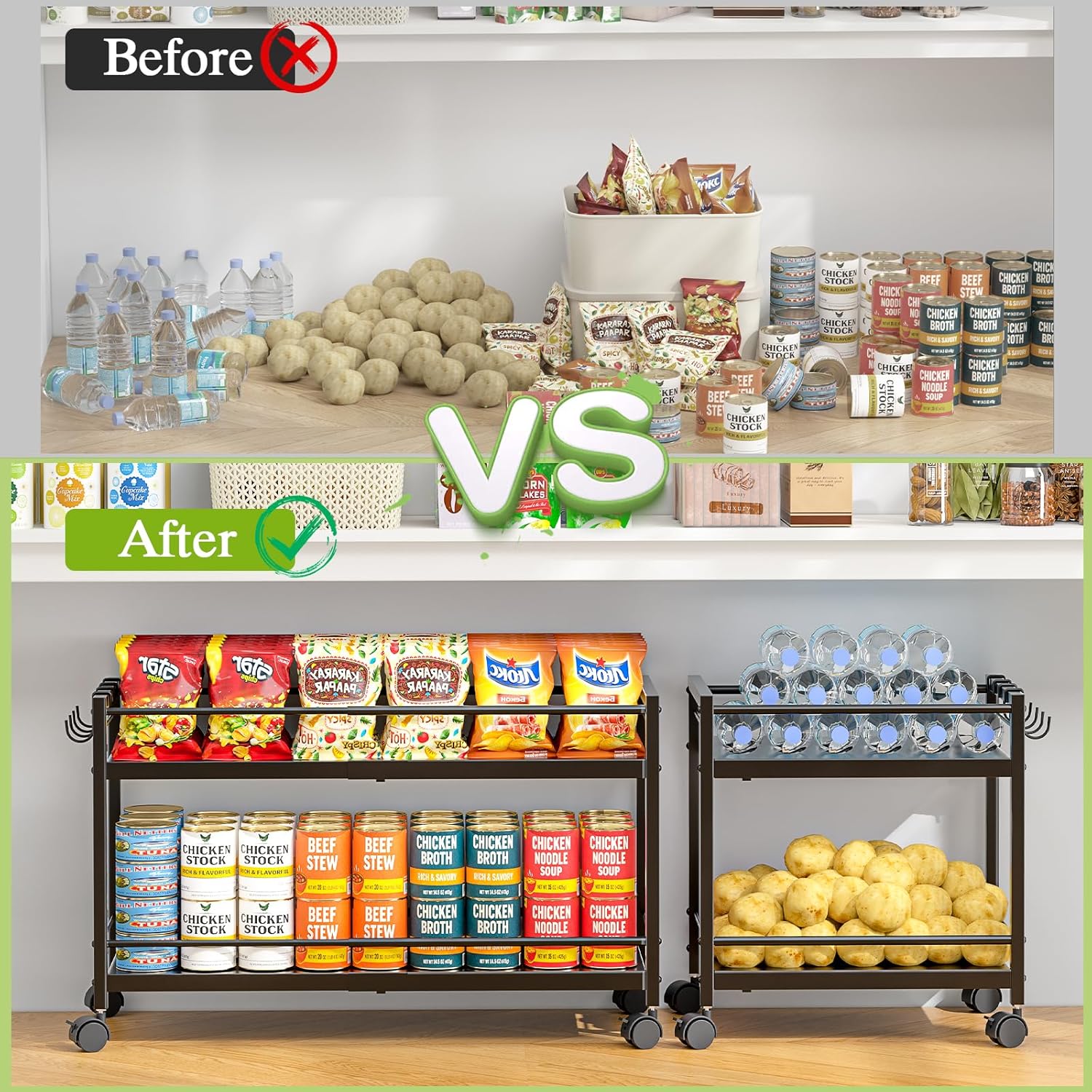 2-Tier 1 Pack Expandable Pantry Floor Organizer Cart, Rolling Pantry Storage Cart with Wheel, Adjustable Can Organizer for Kitchen Pantry, Pantry Shelves and Storage Rack for Snacks, Vegetables, Black