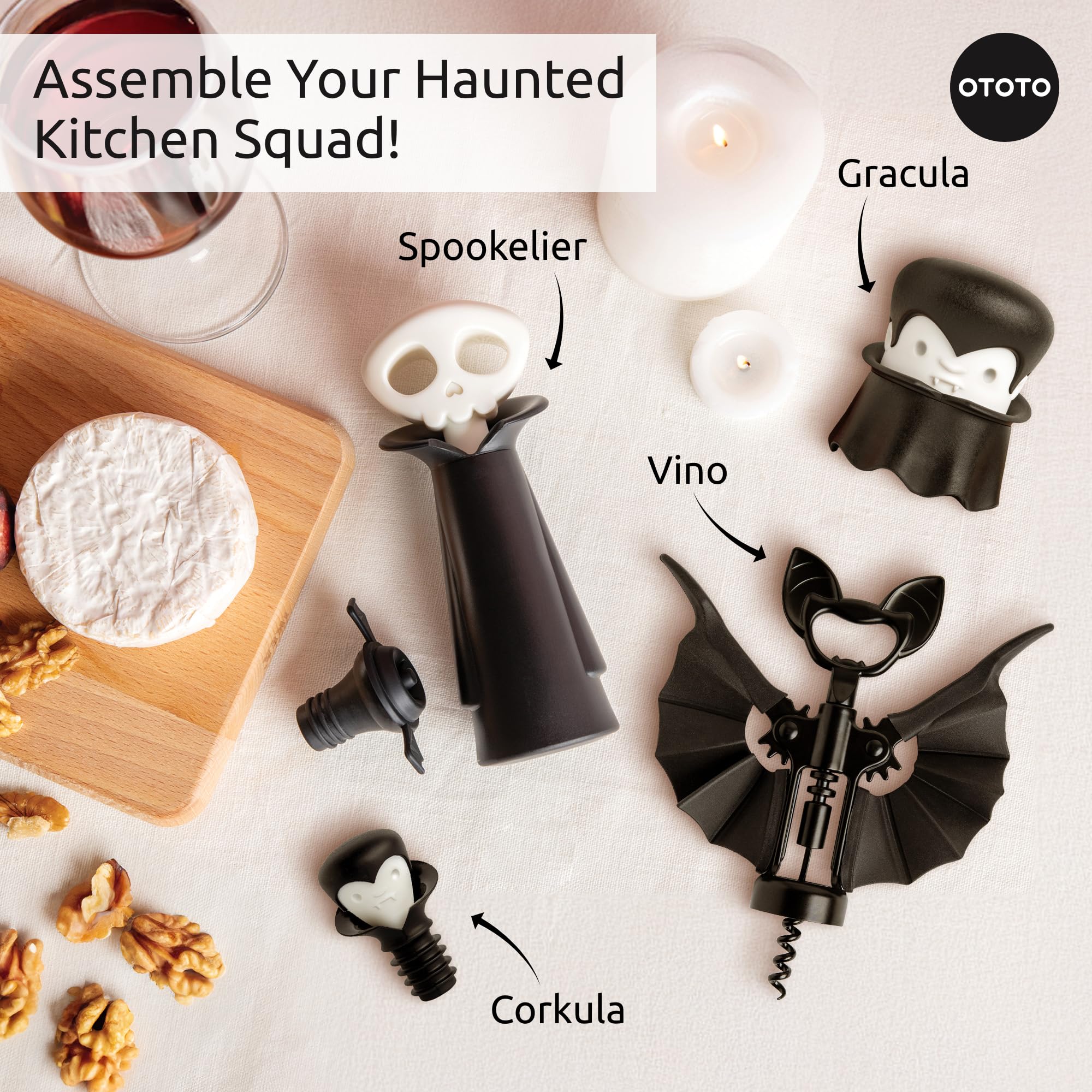 OTOTO Wine Stoppers & Pourer - Halloween Gifts for Wine Lovers, Spooky Wine Bottle Stopper, Wine Goth Accessories, Fun Kitchen Gadgets (Count Corkula)
