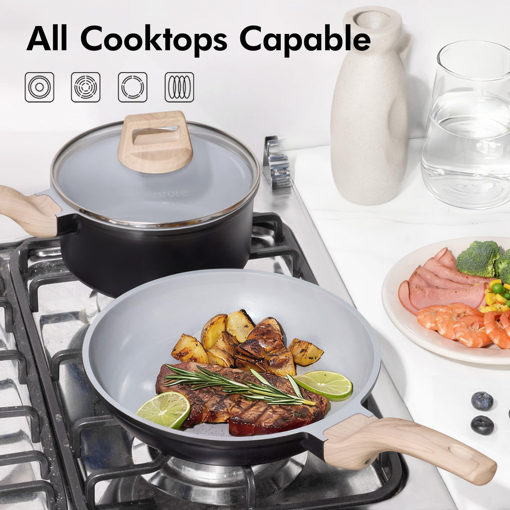 CAROTE 21Pcs Pots and Pans Set, Nonstick Cookware Sets, White Granite Induction Cookware Non Stick Cooking Set w/Frying Pans & Saucepans(PFOS, PFOA Free)