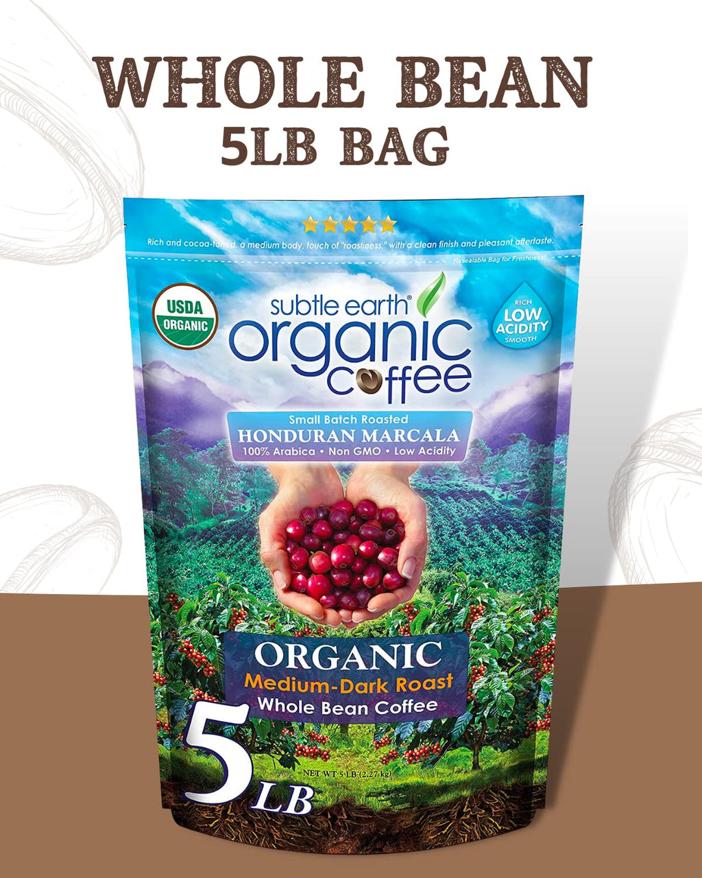 2LB Subtle Earth Organic Coffee - Dark Roast - Whole Bean Coffee - 100% Arabica Beans - Low Acidity and Non-GMO - 2lb bag