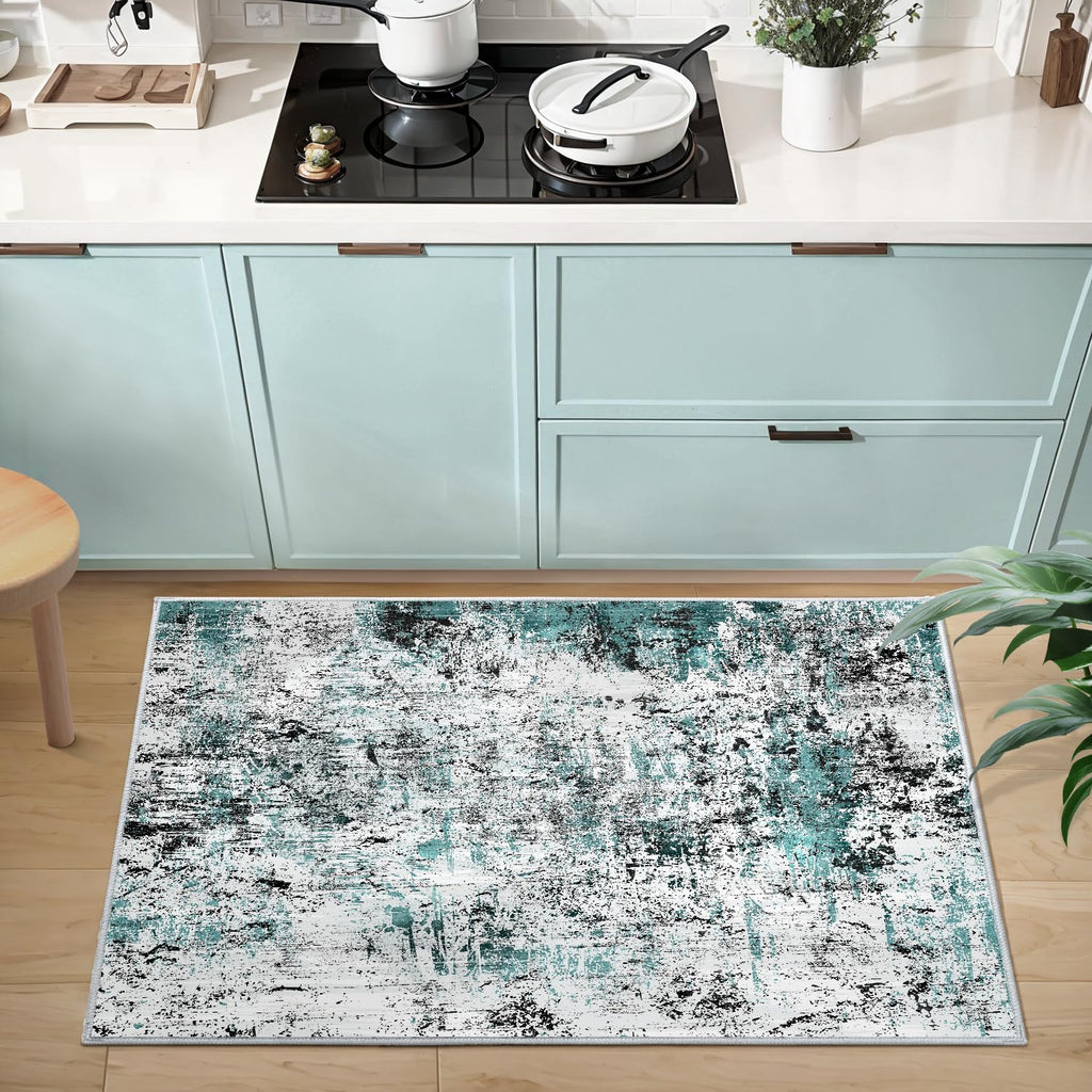 Ciicool Modern Abstract Area Rug 2x3 Washable Small Entryway Rug, Non-Slip Low Pile Throw Rug, Foldable Kitchen Bathroom Rugs, Blue Grey Floor Carpet for Entrance Living Room Bedroom Indoor Doormat