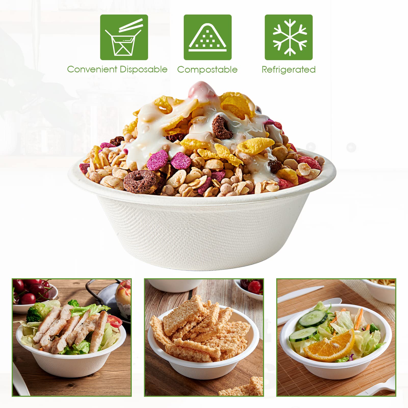 Vplus 200 Pack 12 OZ Paper Bowls, Disposable Compostable Bowls Bulk, Eco-friendly Bagasse Bowls, Heavy-duty Bowls Perfect for Milk Cereals, Snacks, Salads