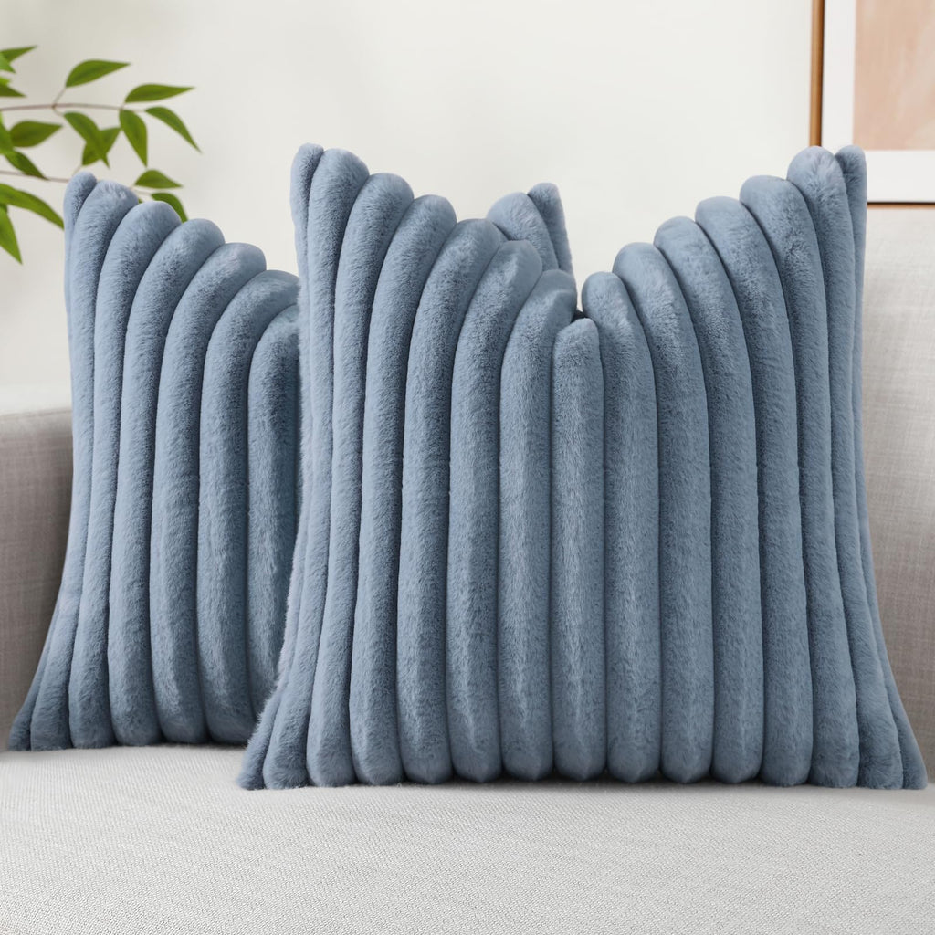 decorUhome Cozy Faux Fur Spring Throw Pillow Covers 18x18 Set of 2 Decorative Soft Plush Striped Modern Farmhouse Boho Couch Pillow Cases with Velvet Back for Sofa Bed Living Room, Cream White
