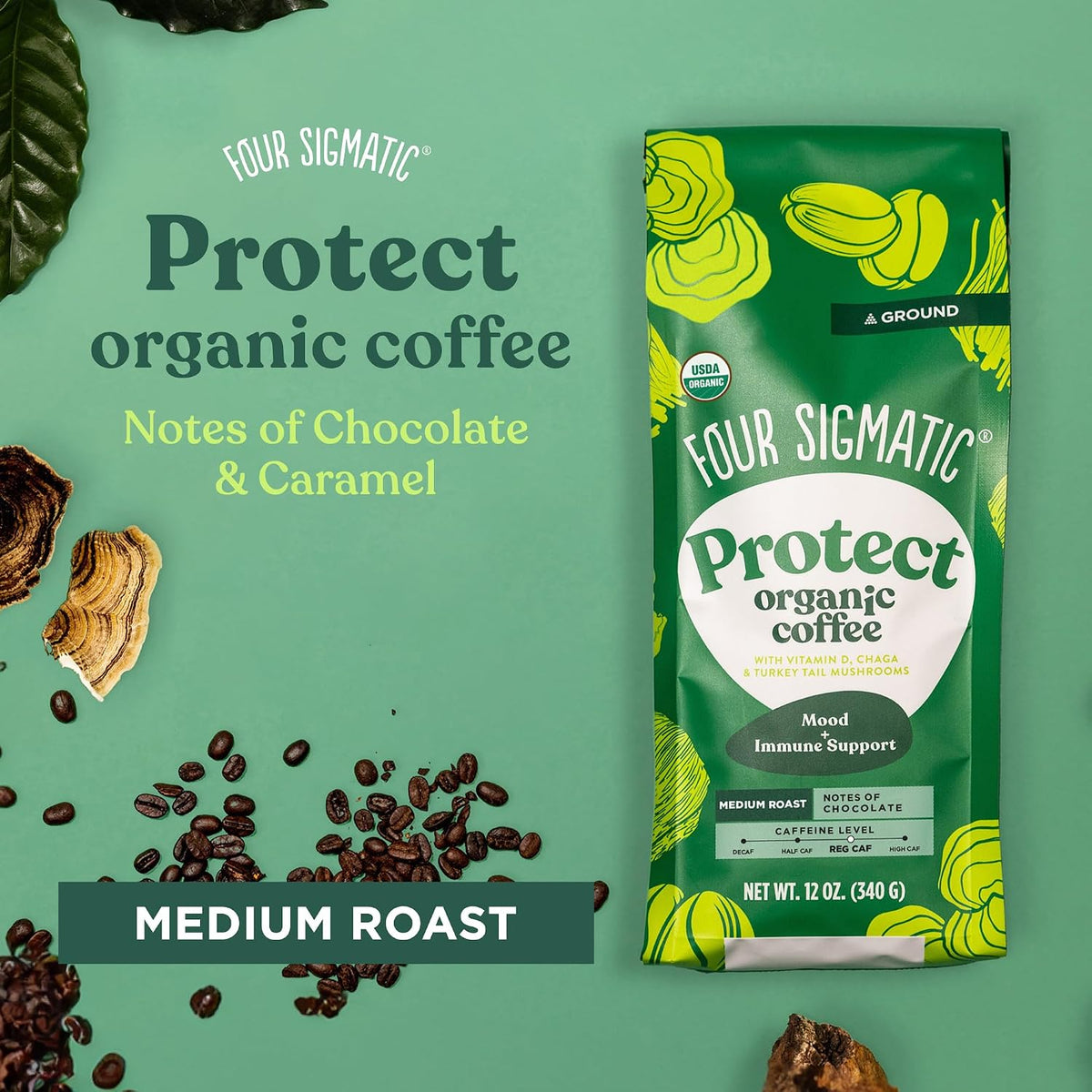 Four Sigmatic Gut Health Organic Ground Coffee | Medium Roast, Immune Boosting Probiotic Mushroom Coffee with Chaga & Turkey Tail for Gut Health & Immune Support | 12oz Bag