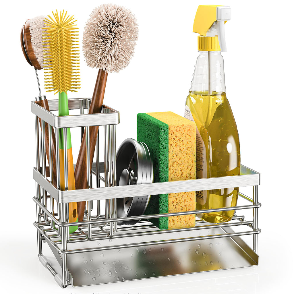 Cisily Sink Caddy Sponge Holder for Kitchen with Brush Holder and Stainless Steel Self Drain Tray, Rustproof Kitchen Sink Organizer for Sponge, Soap Dispenser Storage Accessories (Black)