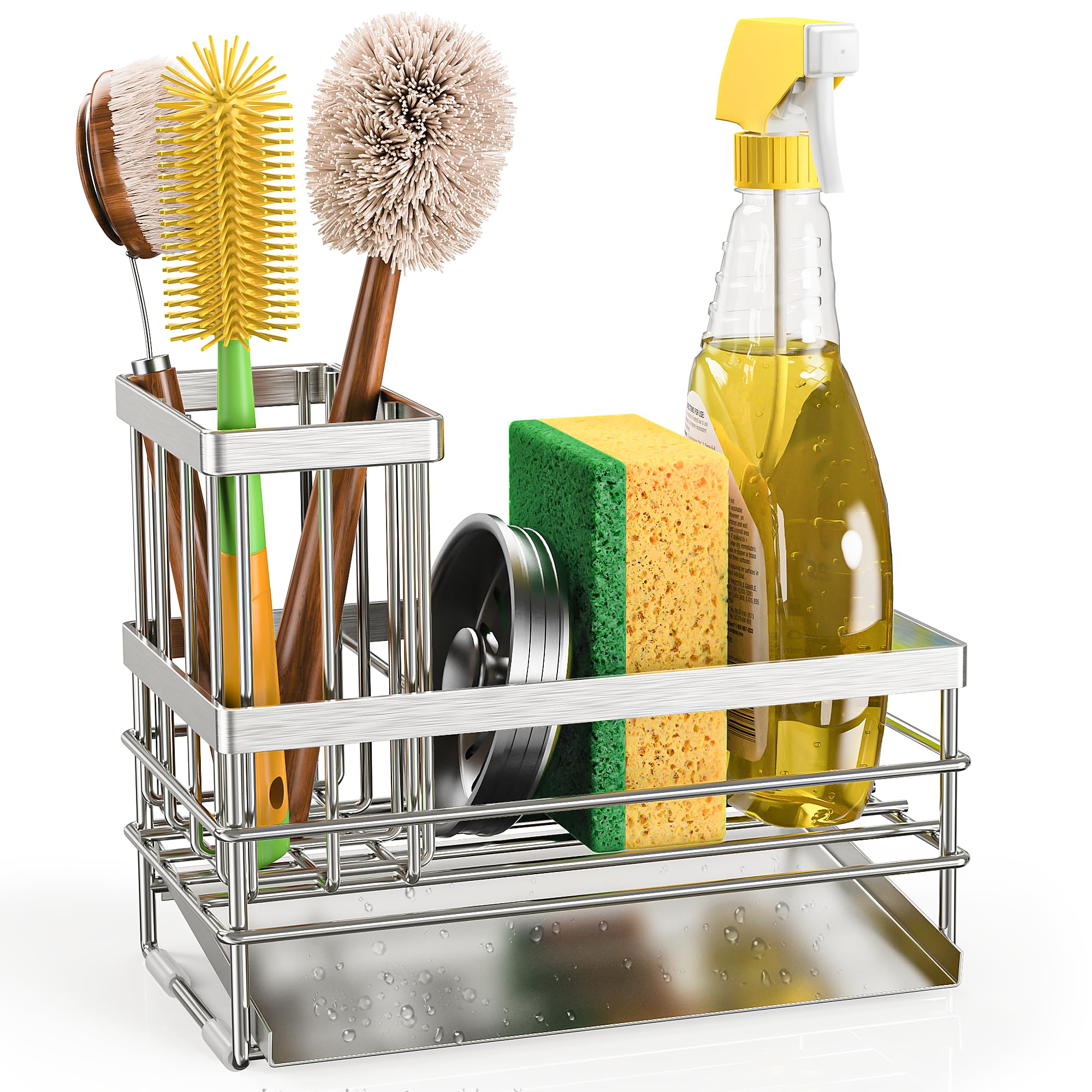 Cisily Sink Caddy Sponge Holder for Kitchen with Brush Holder and Stainless Steel Self Drain Tray, Rustproof Kitchen Sink Organizer for Sponge, Soap Dispenser Storage Accessories (Black)