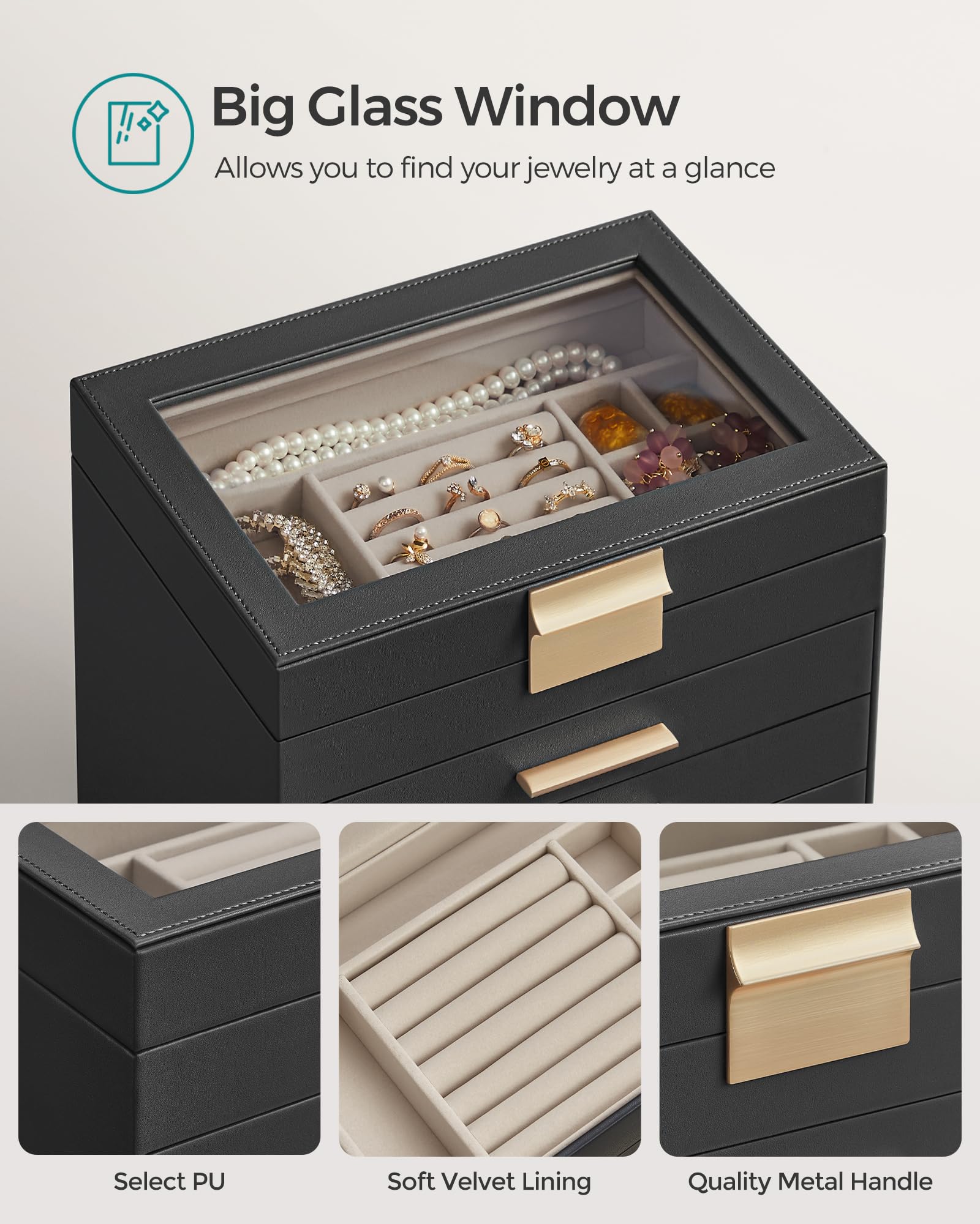 SONGMICS GISELLA Collection - Jewelry Box Organizer, 3-Layer Jewelry Storage with 2 Drawers, Shiny Metal Hardware, Glass Lid, Modern, 8 x 9.1 x 5.3 Inches, Cloud White and Gold Color UJBC239WT