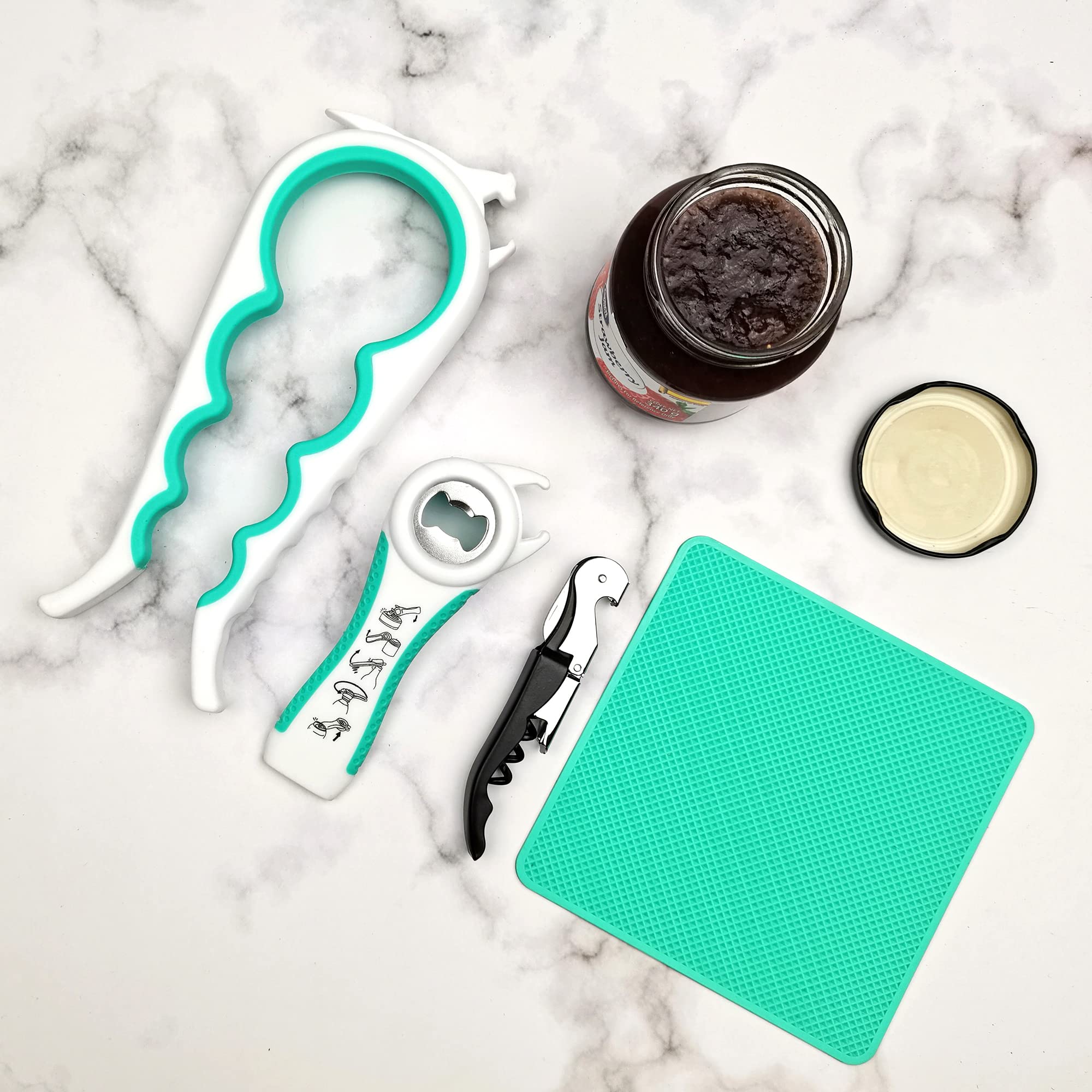 Otstar 6-in-1 Jar Opener & Bottle Opener Set for Weak Hands - Multi-Function Kitchen Opener Tool for Seniors with Arthritis, Elderly - Includes Jar Lid Gripper Pad, Corkscrew Opener