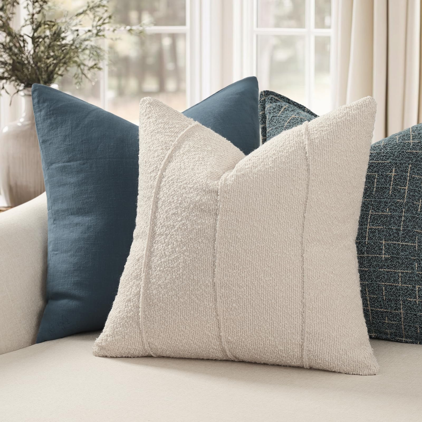 YCOLL Textured Boucle Throw Pillow Covers 20x20 Pack of 2 - Soft Neutral Striped Cushion Covers, Cozy Accent Decorative Pillow Covers for Couch, Sofa, Bed, Living Room (Beige)