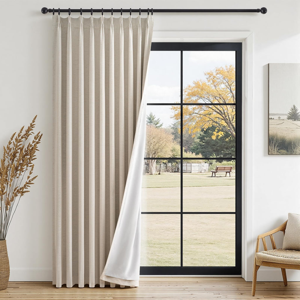 Topfinel 96 Inches Long Pinch Pleated 100% Blackout Curtains,Thermal Insulated Natural Linen Pinch Pleat Viral Drapes with Hooks Rings 2 Panel Sets,Neutral Beige Ivory 8FT Back Tab Window Curtains