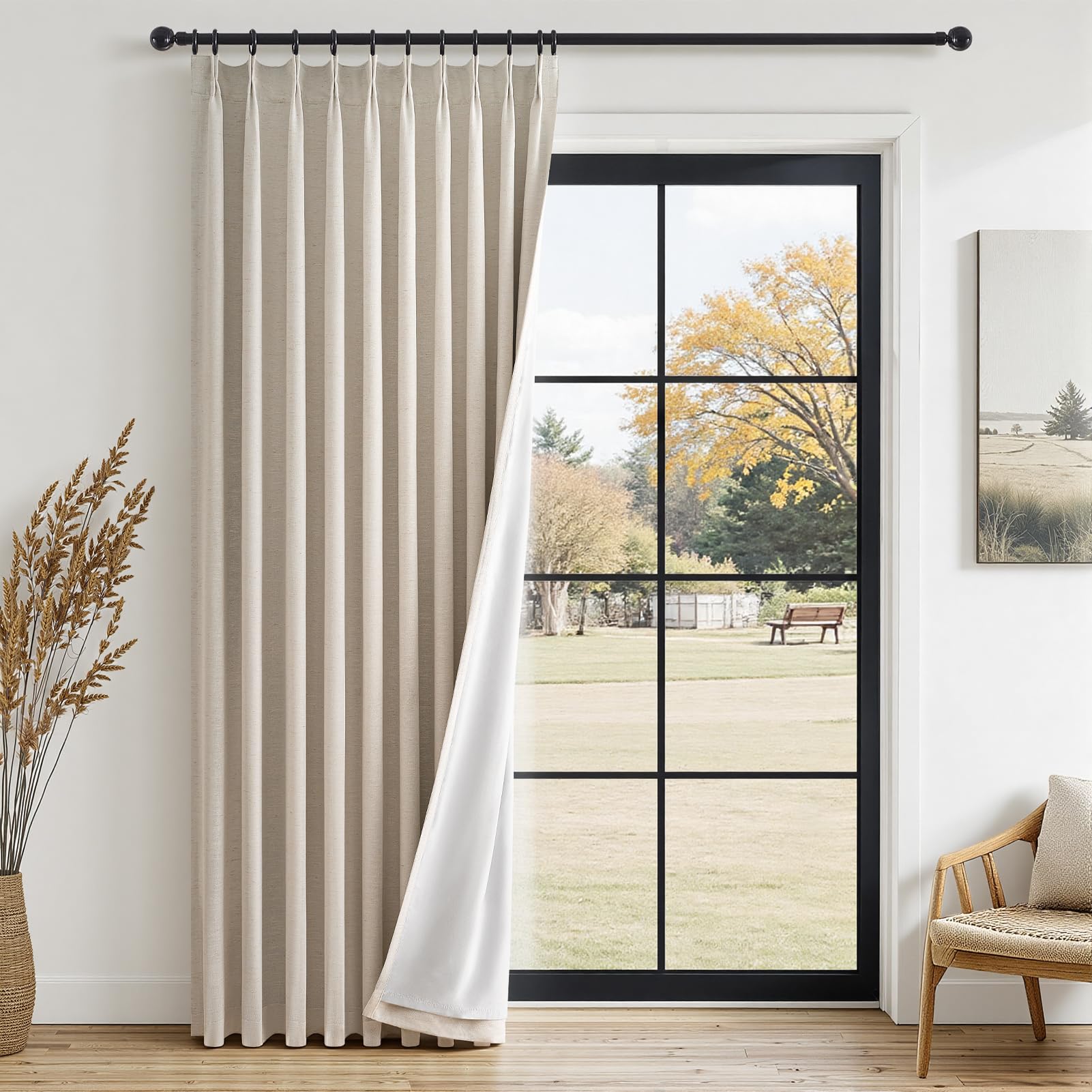 Topfinel 96 Inches Long Pinch Pleated 100% Blackout Curtains,Thermal Insulated Natural Linen Pinch Pleat Viral Drapes with Hooks Rings 2 Panel Sets,Neutral Beige Ivory 8FT Back Tab Window Curtains