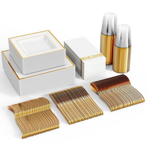 FOCUSLINE 350 Ct Disposable Dinnerware Set for 50 Guests -Heavy Duty Plastic Plates with Gold Rim, Includes 50 Dinner & Salad Plates, Cups, Napkins, Cutlery Set