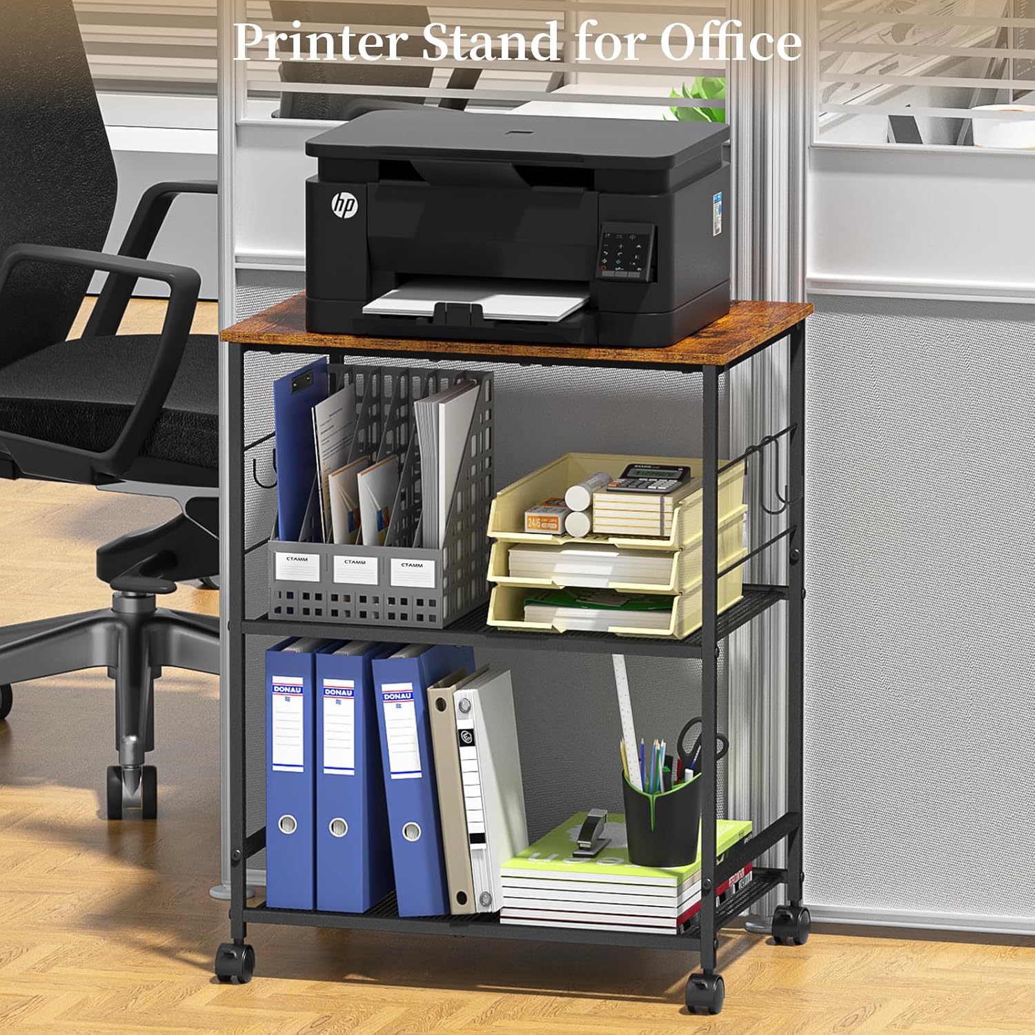 ThreeHio Printer Stand, 3Tier Printer Table with Wheels, Printer Cart with Storage Shelf, Printer Desk for Home Office Fax Machine Scanner, Rolling Cart for Kitchen, Laundry, Balcony, Living Room