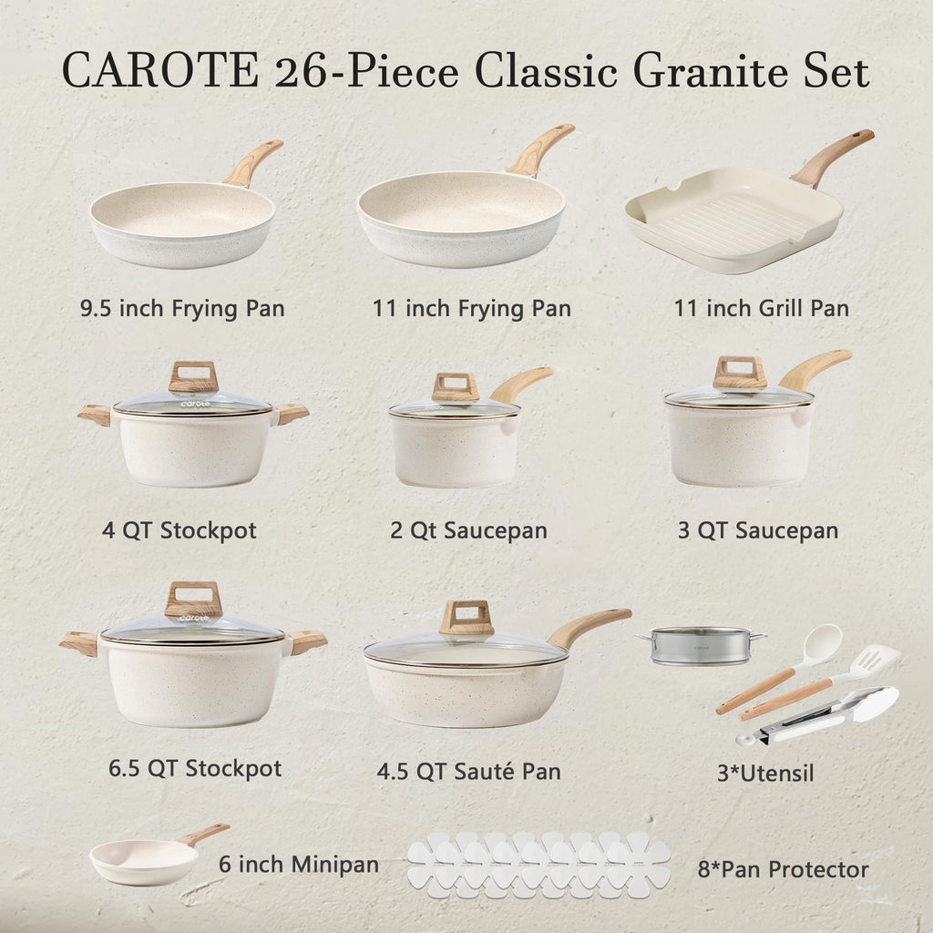 CAROTE 21Pcs Pots and Pans Set, Nonstick Cookware Sets, White Granite Induction Cookware Non Stick Cooking Set w/Frying Pans & Saucepans(PFOS, PFOA Free)