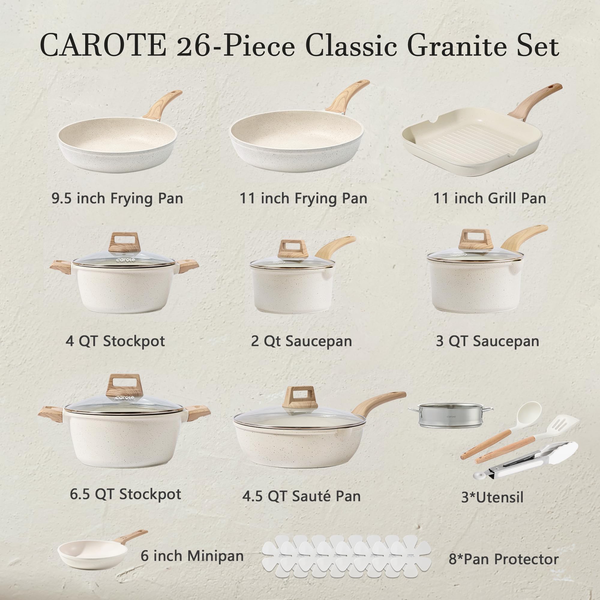 CAROTE 21Pcs Pots and Pans Set, Nonstick Cookware Sets, White Granite Induction Cookware Non Stick Cooking Set w/Frying Pans & Saucepans(PFOS, PFOA Free)