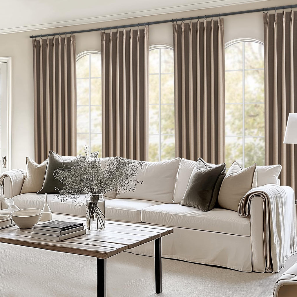 Topfinel Pinch Pleated Curtains 96 Inch Long, 100% Blackout Thermal Insulated Natural Linen Pinch Pleat Viral Drapes with Hooks Rings 2 Panel Sets, Neutral Beige Ivory 8FT Back Tab Window Curtains