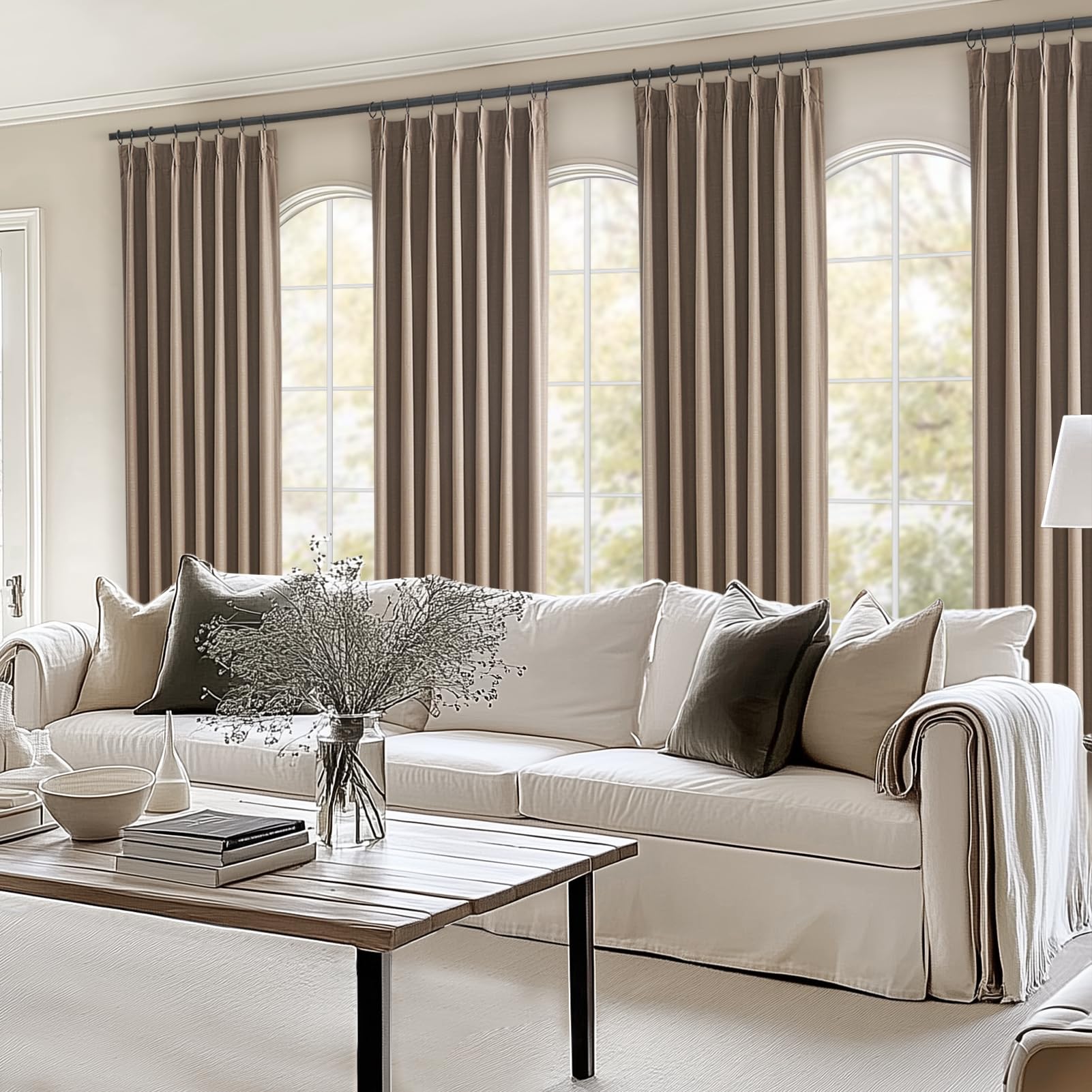 Topfinel Pinch Pleated Curtains 96 Inch Long, 100% Blackout Thermal Insulated Natural Linen Pinch Pleat Viral Drapes with Hooks Rings 2 Panel Sets, Neutral Beige Ivory 8FT Back Tab Window Curtains