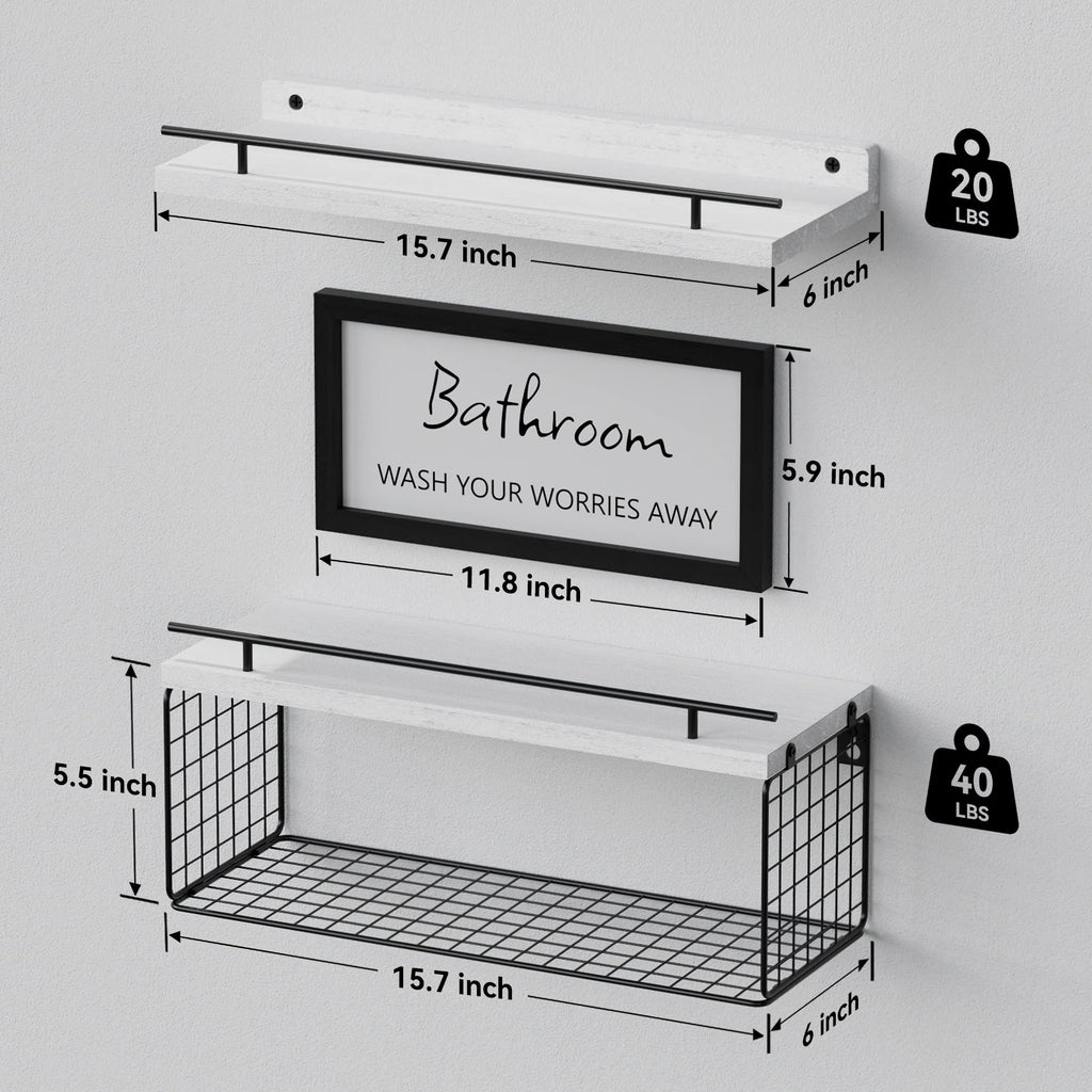 WOPITUES Floating Shelves for Wall Decor Sign, Bathroom Organizers and Storage, Bathroom Shelves Over Toilet with Metal Guardrail-Black