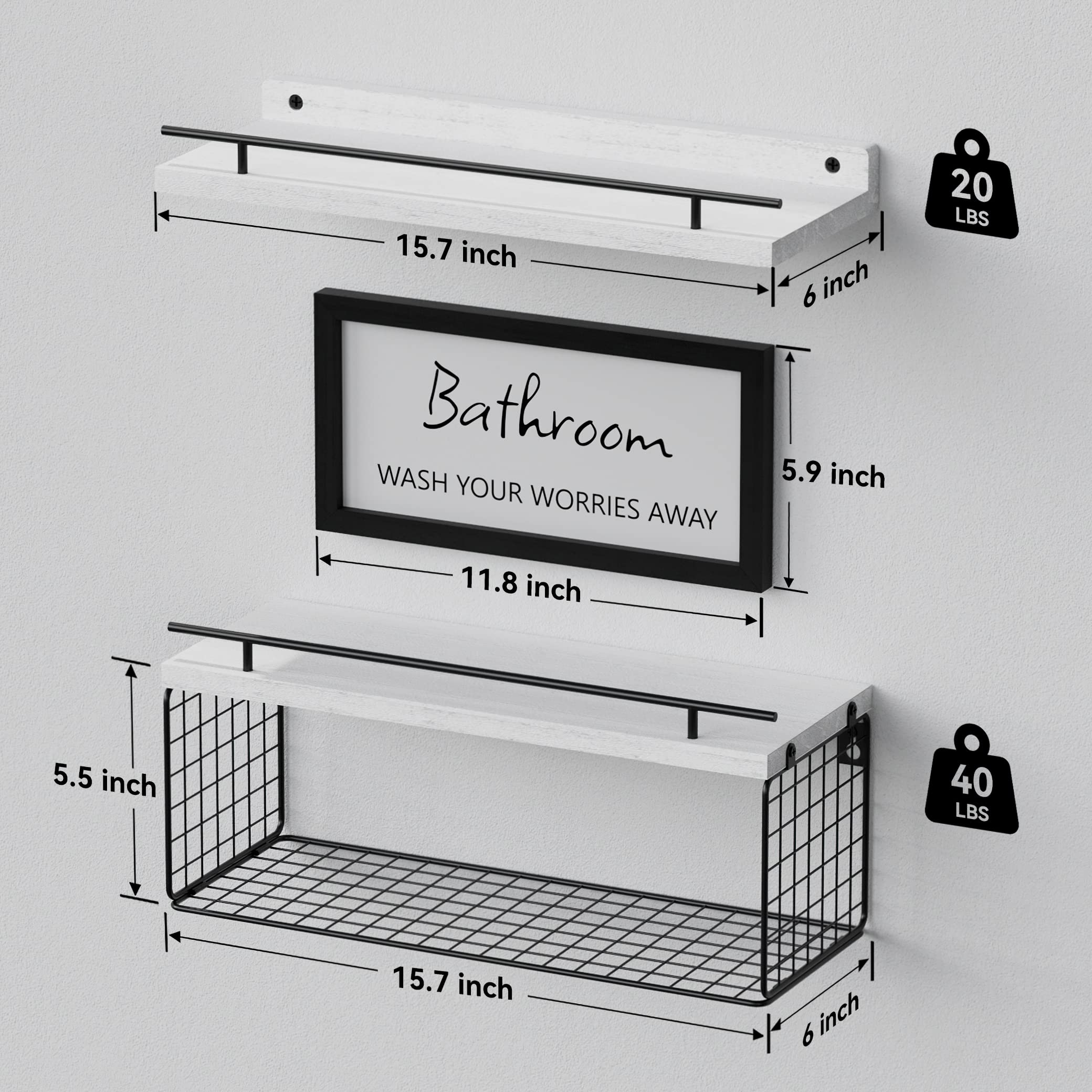 WOPITUES Floating Shelves for Wall Decor Sign, Bathroom Organizers and Storage, Bathroom Shelves Over Toilet with Metal Guardrail-Black