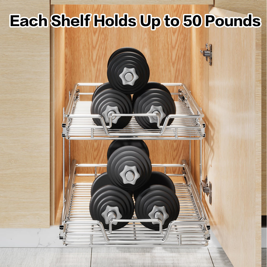 2-Tier Kitchen Cabinet,Pull Out Cabinet Organizer,Shelf and Drawer Organizer Slide Out Pantry Storaqe Basket in Multiple Sizes (12" W x21 D)
