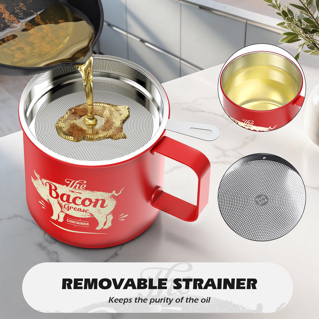 PGYARD Mini Bacon Grease Saver With Strainer - 20 OZ Stainless Steel Oil Container, Farmhouse Bacon Grease Keeper For Kitchen Fat Storage, Dishwasher Safe-Silver