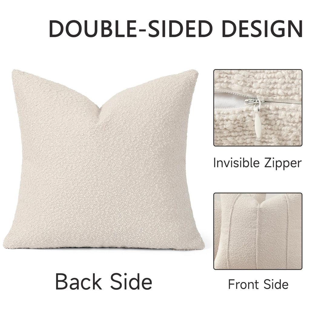 YCOLL Textured Boucle Throw Pillow Covers 20x20 Pack of 2 - Soft Neutral Striped Cushion Covers, Cozy Accent Decorative Pillow Covers for Couch, Sofa, Bed, Living Room (Beige)