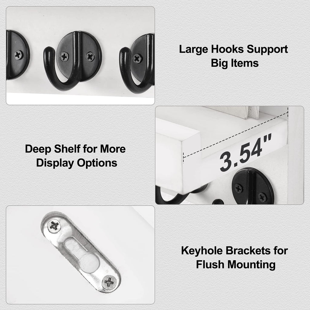 Key Holder for Wall, Decorative Key and Mail Holder with Shelf Has Large Hooks for Bags, Coats, Umbrella – Paulownia Wood Key Hanger with Mounting Hardware (9.8”W x 6.7”H x 4.2”D)