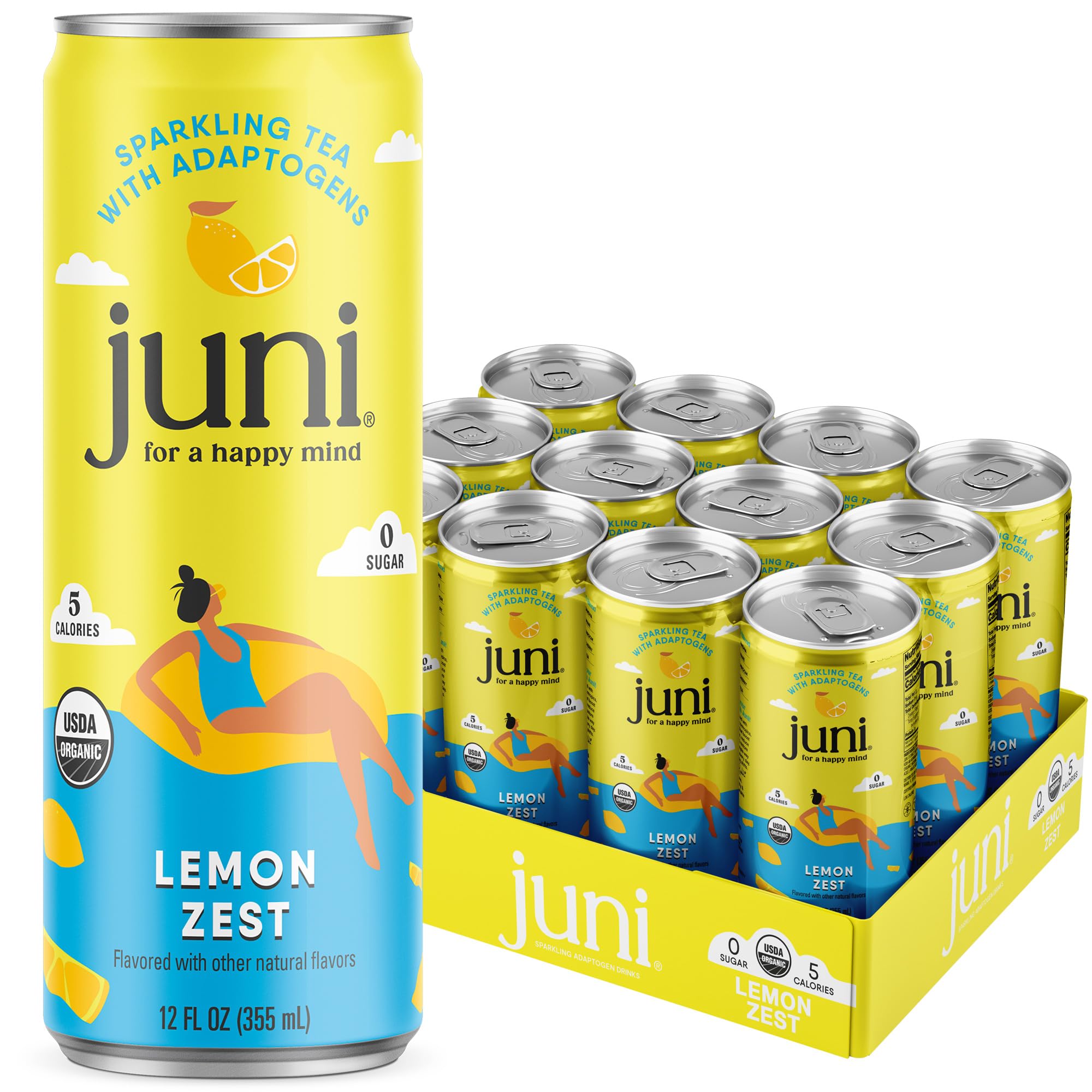 Juni Sparkling Adaptogen Drink with Ashwagandha, Lion’s Mane & Reishi Mushrooms | Green Tea for Focus, Zero Sugar, 5 Calories, Organic | Non Alcoholic Drinks - Variety Pack 12 pack