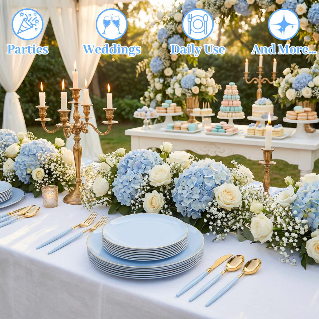 DaYammi 150Pcs Gold Plastic Plates with Disposable Silverware,White Gold Disposable Dinnerware Set - 30 Dinner Plate,30 Dessert Plate,90 Gold Cutlery with White Handles,Fancy Plates for Party Wedding