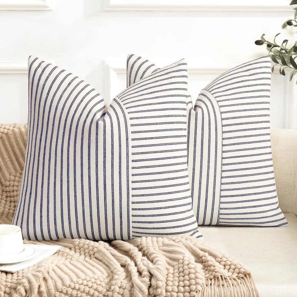 YCOLL Farmhouse Pillow Covers 18x18, Modern Accent Square Throw Pillow Covers Set of 2, Gray and Beige Striped Patchwork Linen Decorative Pillows Cushion Covers for Couch Chair Bedroom Home Decor