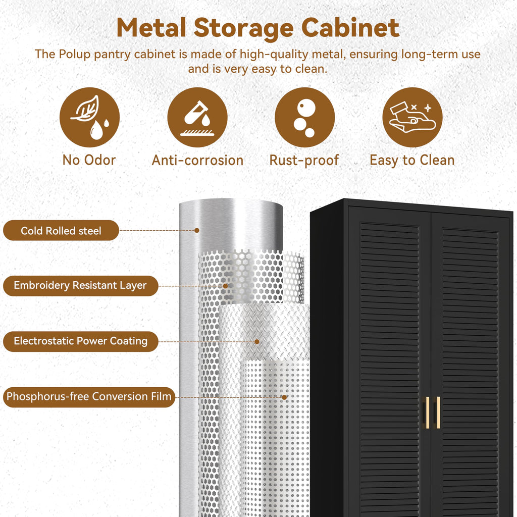 Polup White Kitchen Pantry Cabinet, 71 Inch Tall Metal Storage Cabinet with Doors and Shelves, Pantry Cabinets for Kitchen Storage, Freestanding Cupboard for Living, Dining Room, Assemble Required